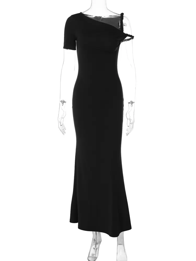Hugcitar Summer Fashion Solid Short Sleeve Slip Irregular Sexy Slim Maxi Dress Women Elegant Y2K Clothes Evening Party Vacation