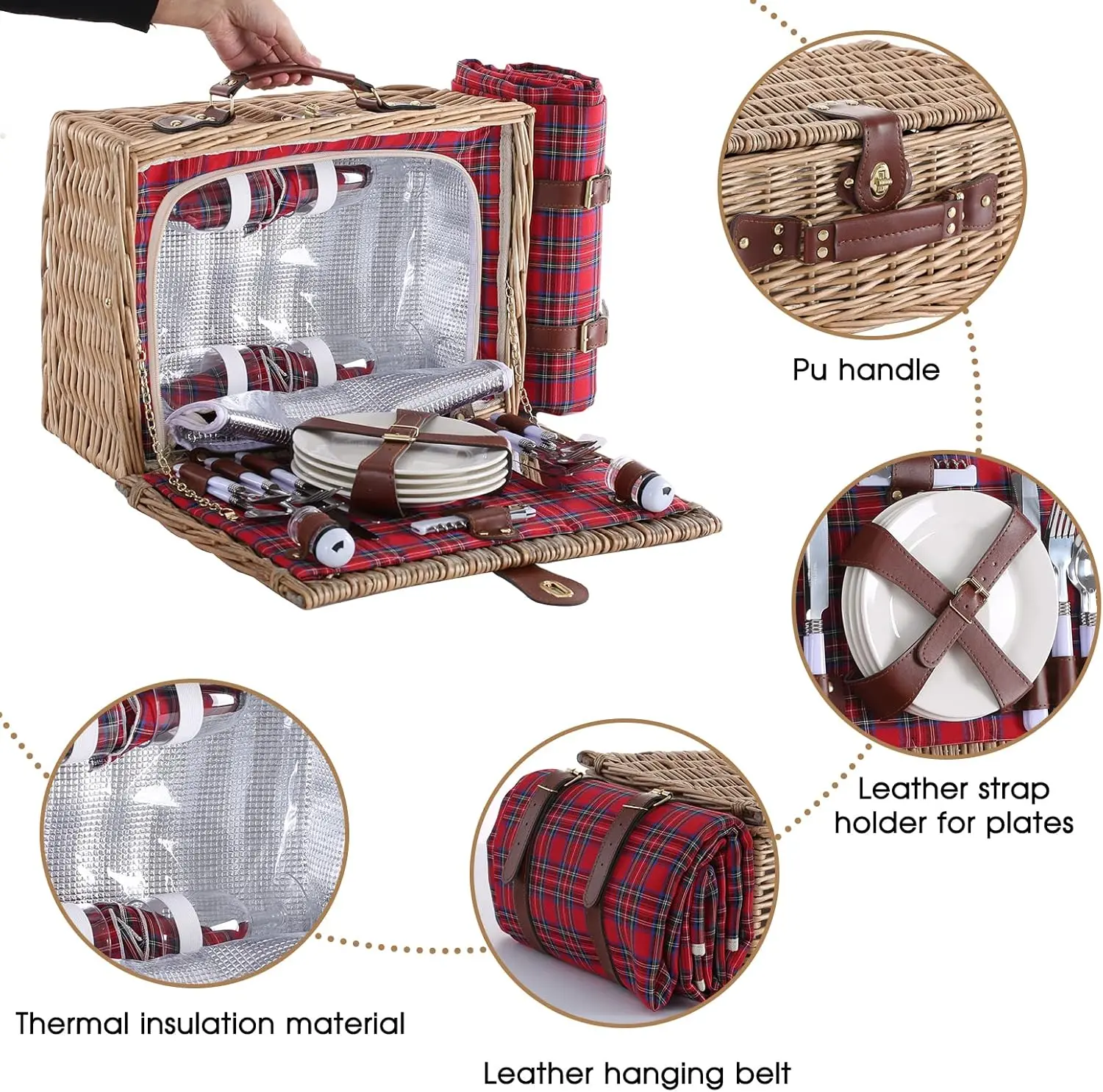 Wicker Picnic Basket for 4 with Waterproof Picnic Blanket and Insulated Cooler, Willow Hamper for Camping, Outdoors, Photoshoot