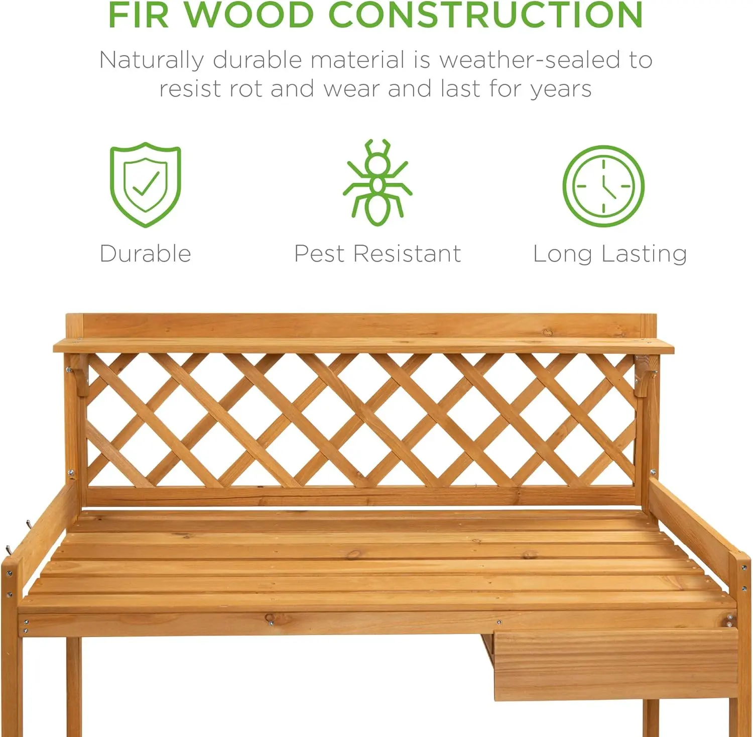 Outdoor Garden Potting Bench, Wooden Workstation Table w/Cabinet Drawer, Open Shelf, Lower Storage, Lattice Back - Natural