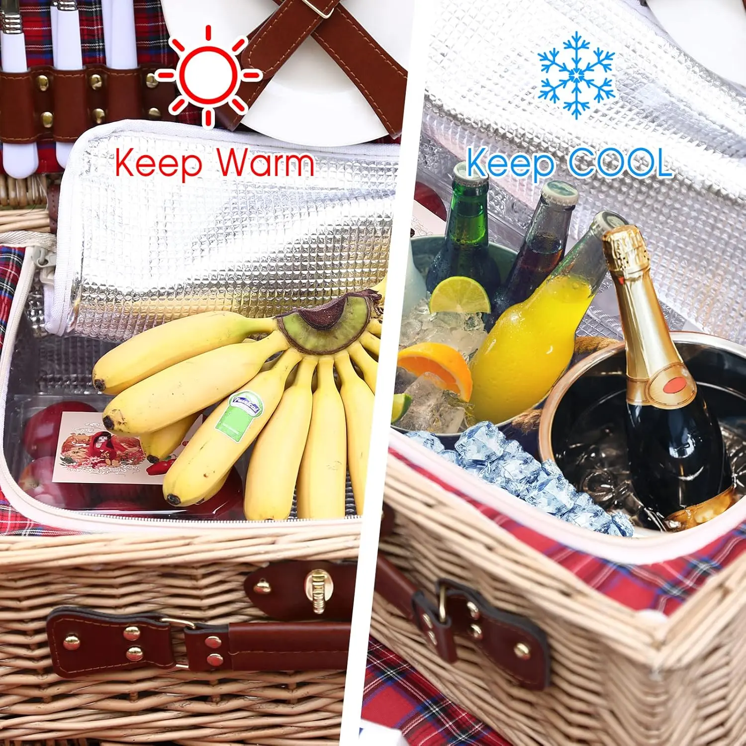 Wicker Picnic Basket for 4 with Waterproof Picnic Blanket and Insulated Cooler, Willow Hamper for Camping, Outdoors, Photoshoot