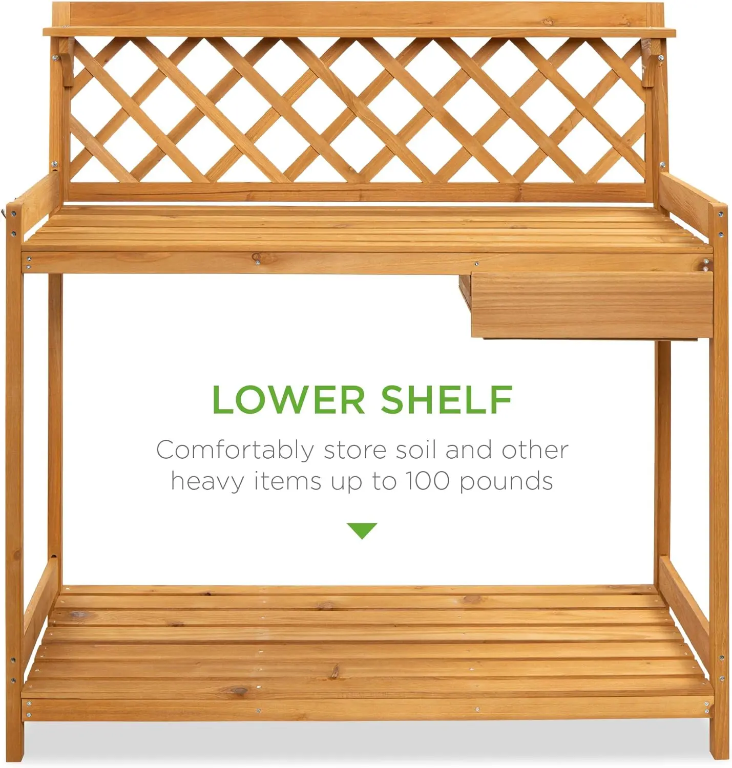 Outdoor Garden Potting Bench, Wooden Workstation Table w/Cabinet Drawer, Open Shelf, Lower Storage, Lattice Back - Natural