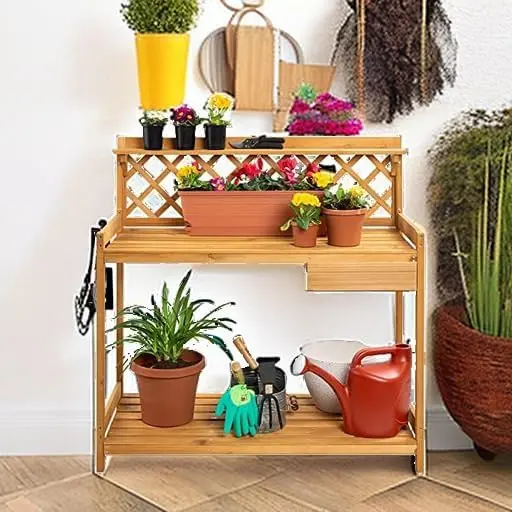 Outdoor Garden Potting Bench, Wooden Workstation Table w/Cabinet Drawer, Open Shelf, Lower Storage, Lattice Back - Natural
