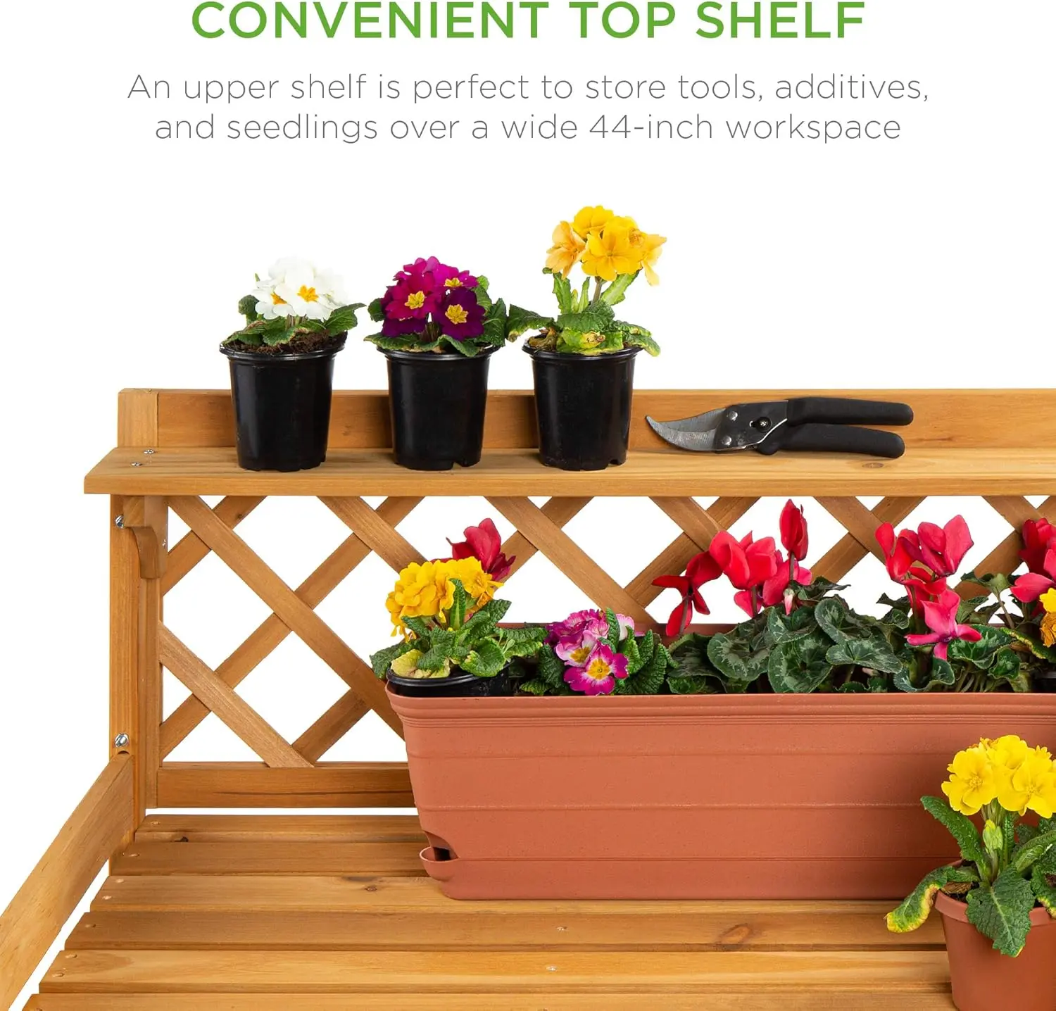 Outdoor Garden Potting Bench, Wooden Workstation Table w/Cabinet Drawer, Open Shelf, Lower Storage, Lattice Back - Natural
