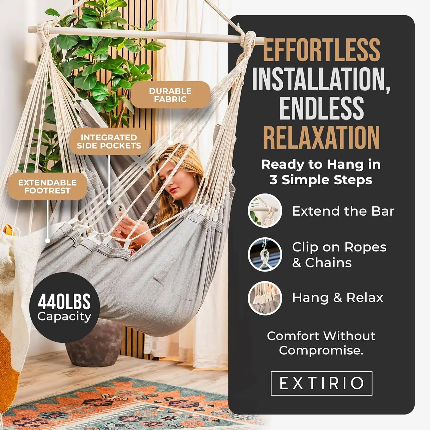 Indoor Hammock Chair Swing - Hanging Hammock Swing Chair - Indoor/Outdoor - Hanging Chairs for Bedroom, Patio