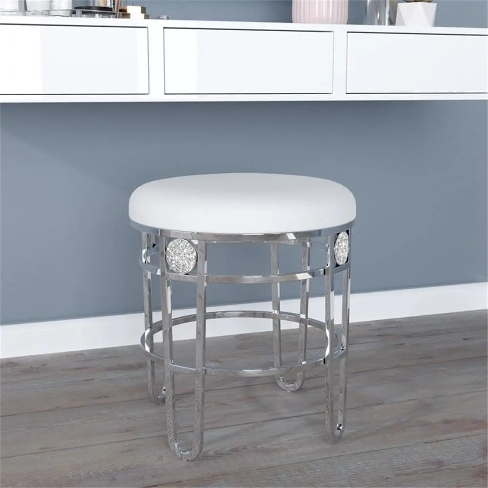 ackless Metal Vanity Stool with Faux Diamond Cluster Accents for Makeup Room or Bathroom, Chrome
