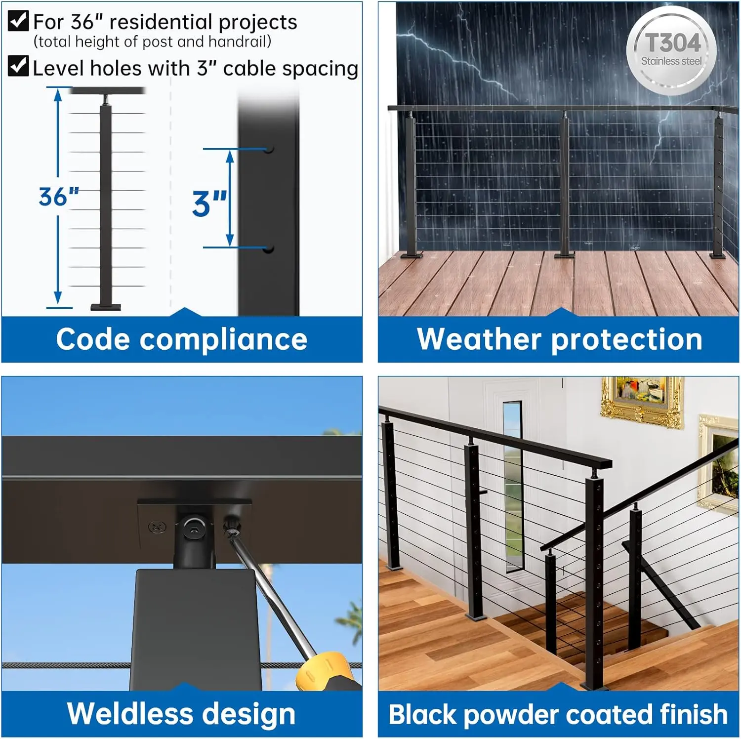Black Cable Railing Post 36 Inch 36"x2"x2" Level Drilled Surface Mount T304 Stainless Steel Cable Railing System Kit Indoor