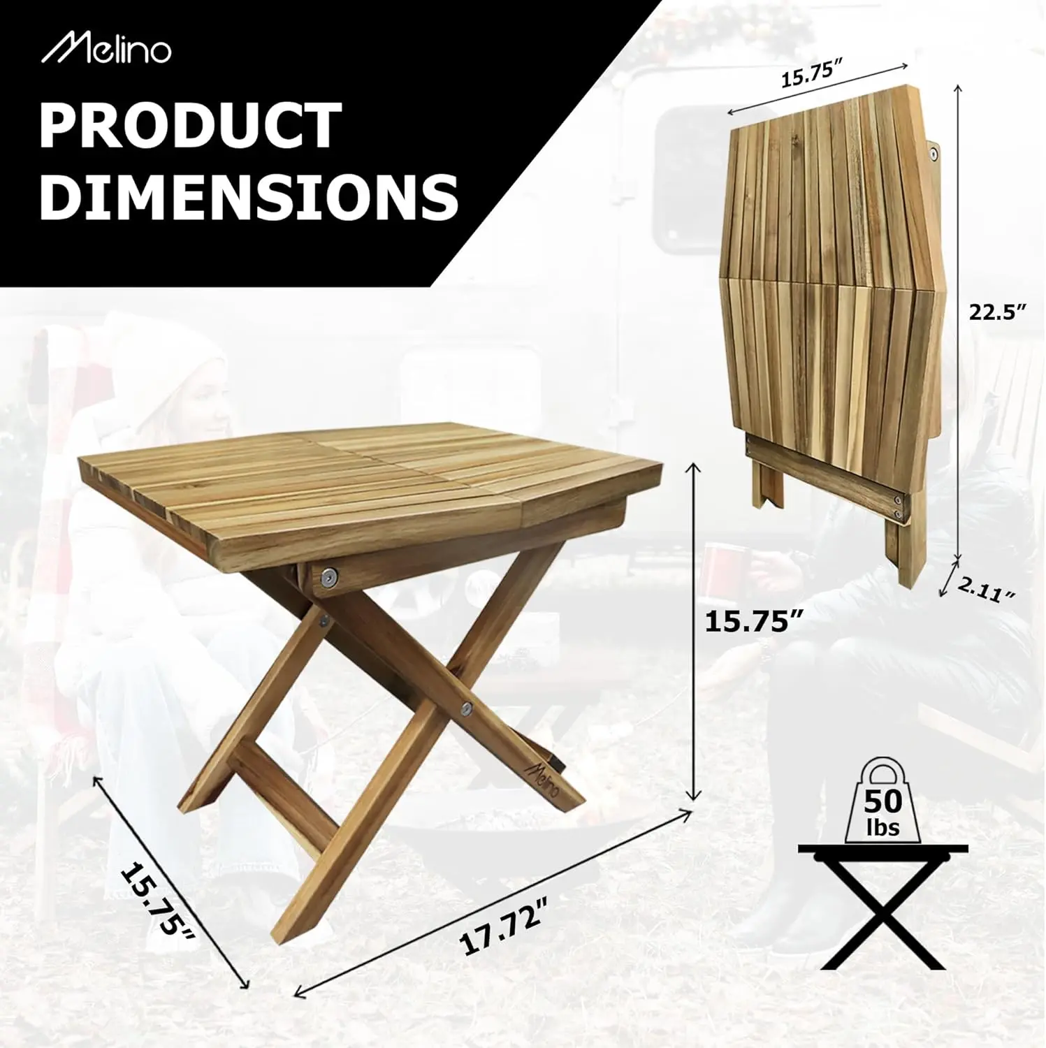 Wooden Folding Table - Natural Acacia Wooden Small Foldable End Coffee Tables - FSC Certified Solid Wood Patio Side Table