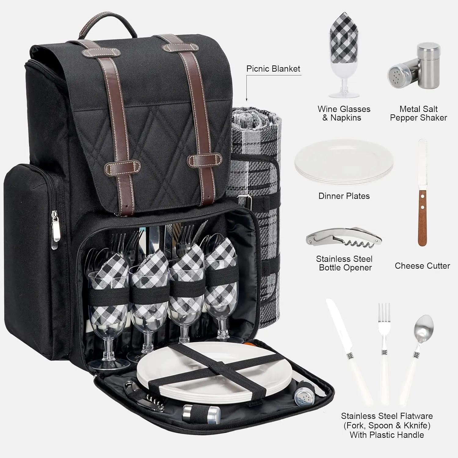Picnic Backpack for 4 Person with Large Insulated Cooler Bag, Picnic Basket Set with Wine Pouch, Waterproof Picnic Blanket