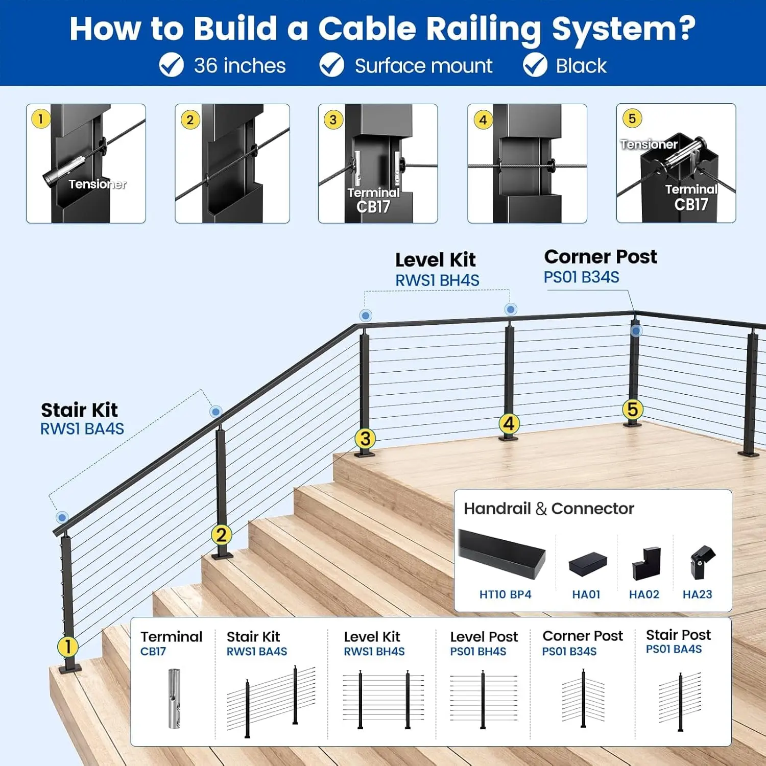 Black Cable Railing Post 36 Inch 36"x2"x2" Level Drilled Surface Mount T304 Stainless Steel Cable Railing System Kit Indoor