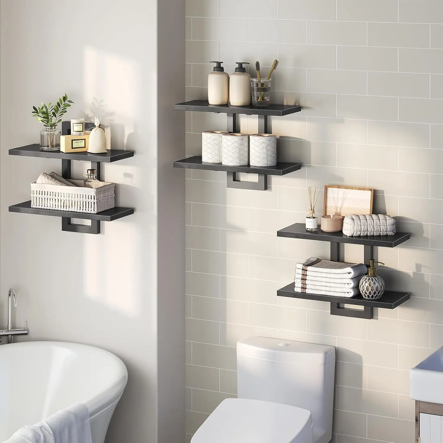 Floating Shelves, 15 Inch Wall Shelf Set of 3, Wall Mounted Storage Shelves 2-Tier, Hanging Bathroom Shelves, for Living Room