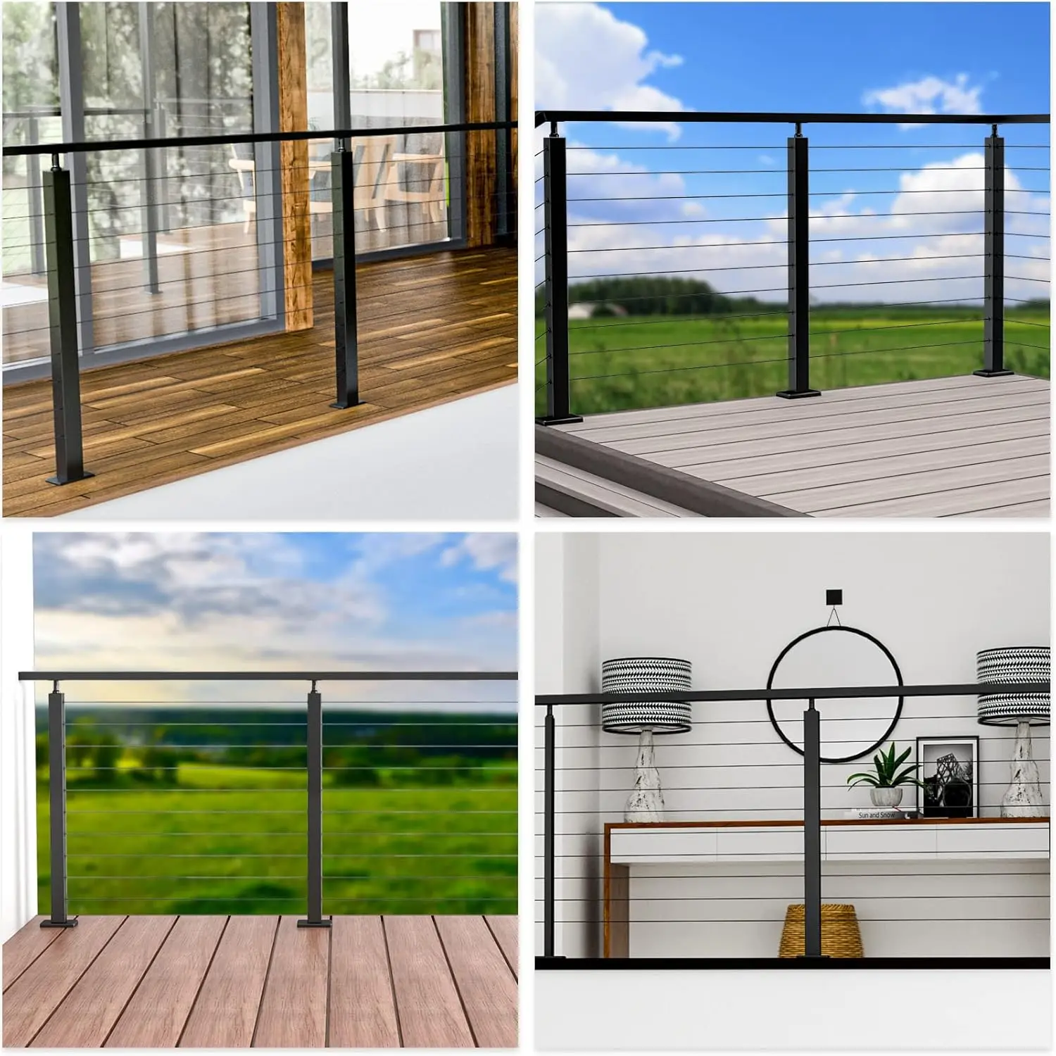Black Cable Railing Post 36 Inch 36"x2"x2" Level Drilled Surface Mount T304 Stainless Steel Cable Railing System Kit Indoor