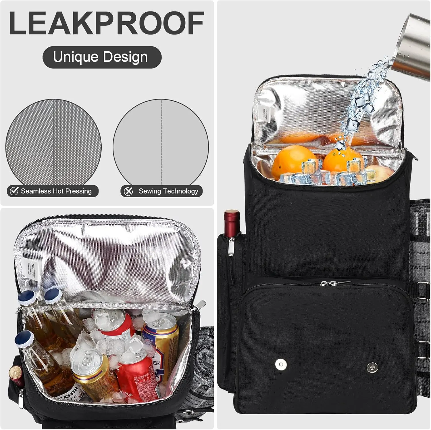Picnic Backpack for 4 Person with Large Insulated Cooler Bag, Picnic Basket Set with Wine Pouch, Waterproof Picnic Blanket
