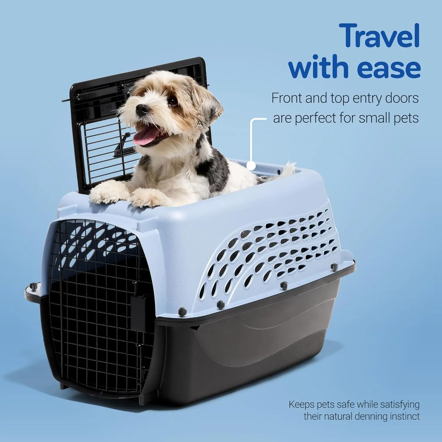 Dog Crates for Small Dogs & Cat Carriers, Two-Door Plastic Pet Kennel, Top & Front Loading, Made in USA, 24", Blue