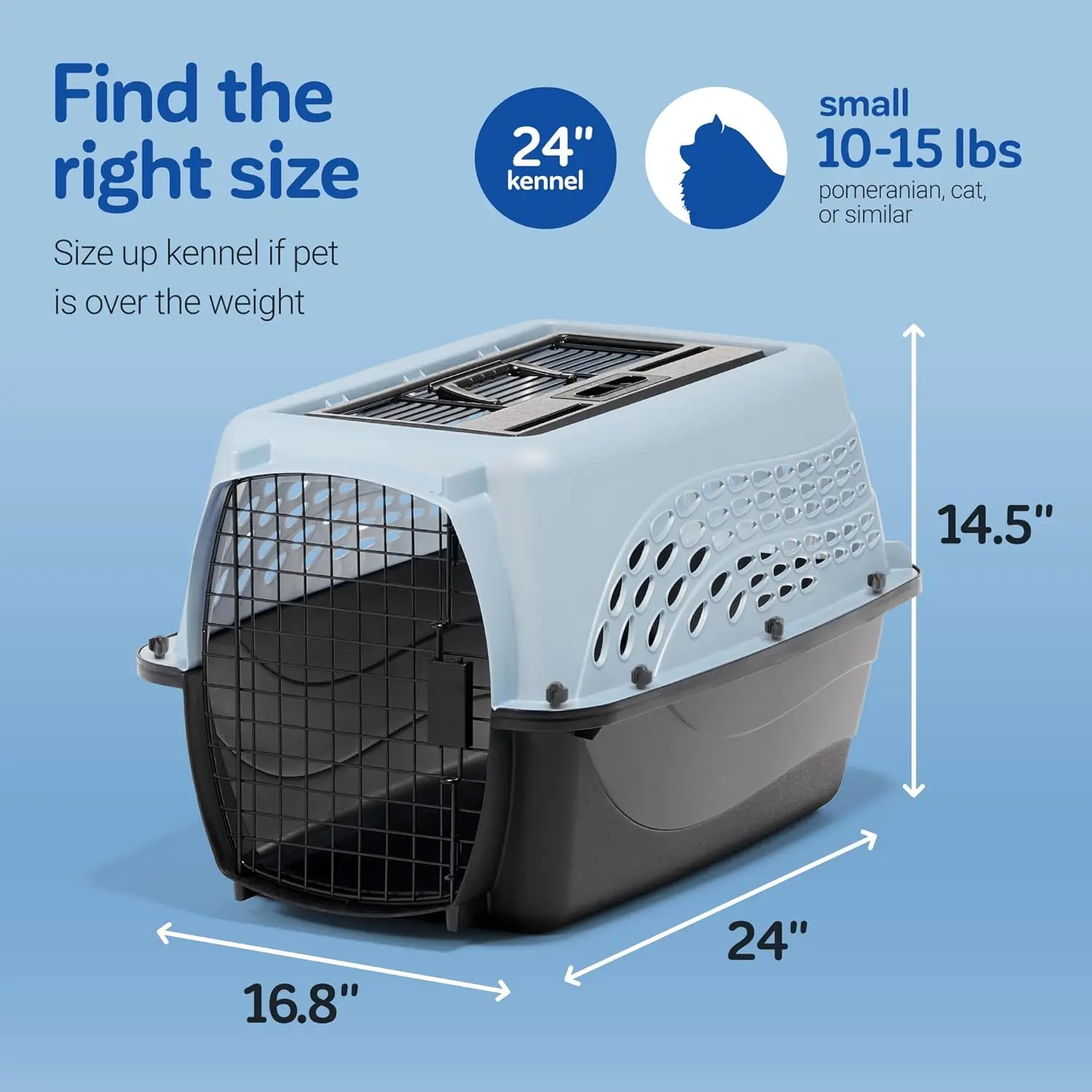 Dog Crates for Small Dogs & Cat Carriers, Two-Door Plastic Pet Kennel, Top & Front Loading, Made in USA, 24", Blue