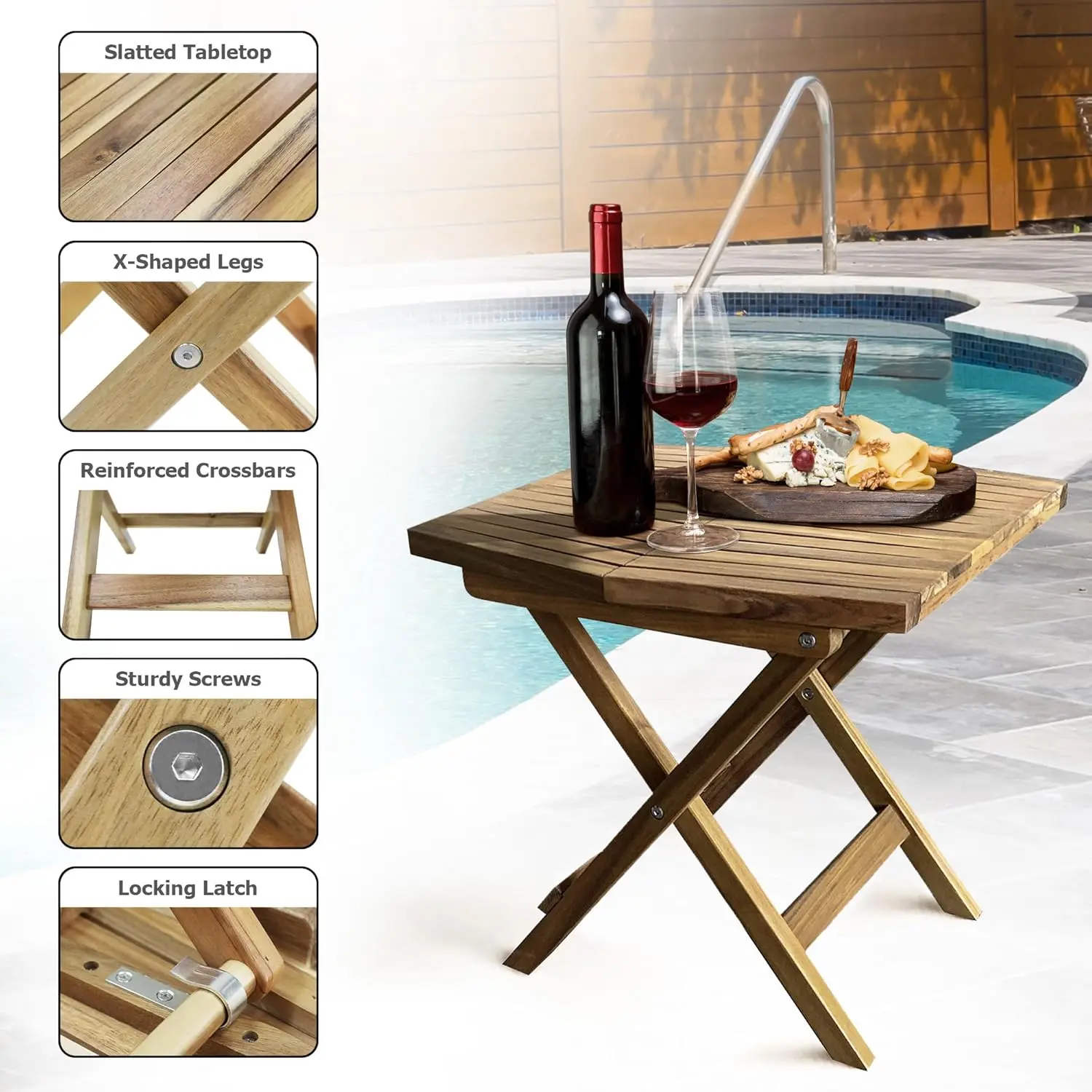 Wooden Folding Table - Natural Acacia Wooden Small Foldable End Coffee Tables - FSC Certified Solid Wood Patio Side Table
