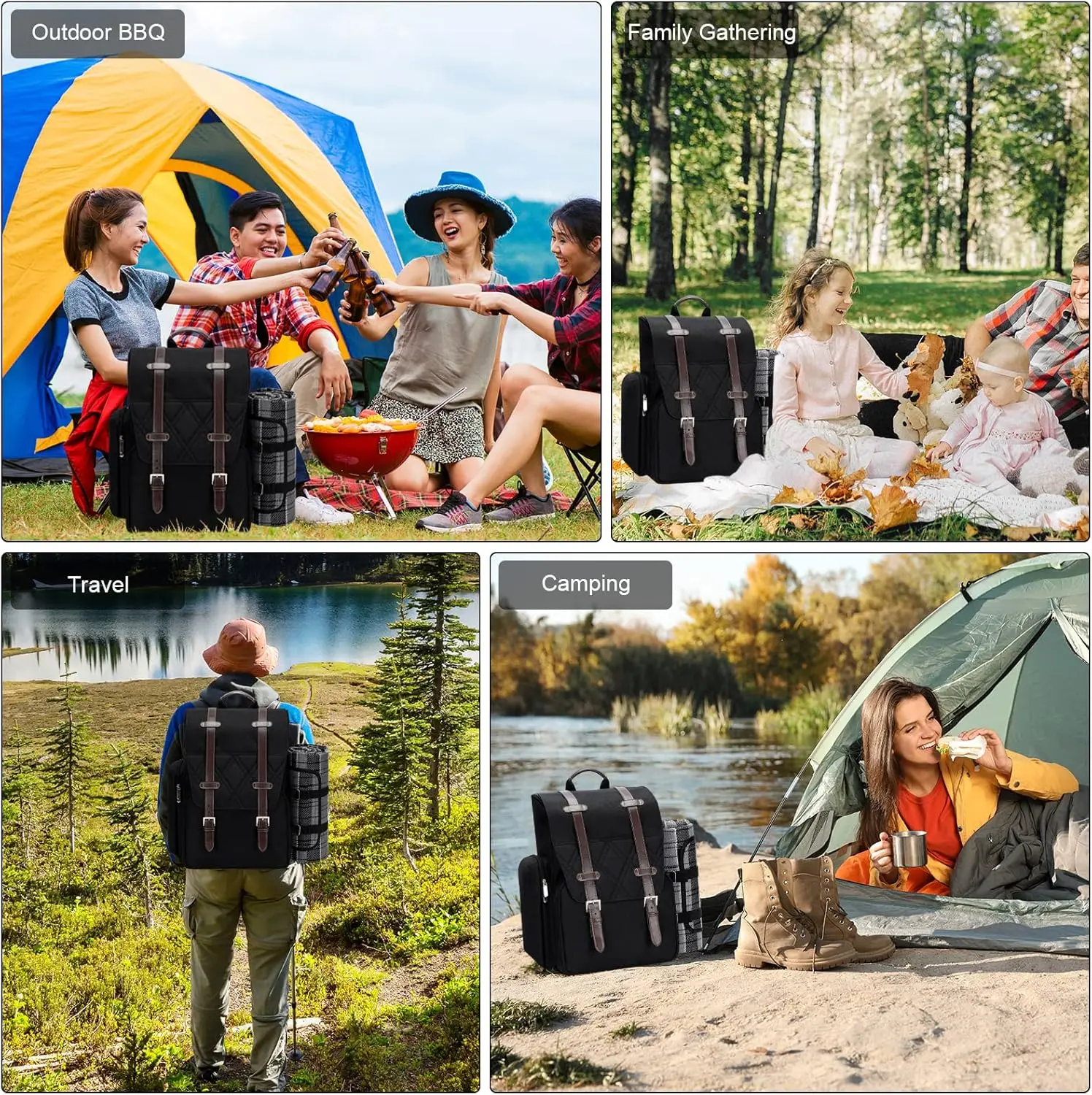 Picnic Backpack for 4 Person with Large Insulated Cooler Bag, Picnic Basket Set with Wine Pouch, Waterproof Picnic Blanket