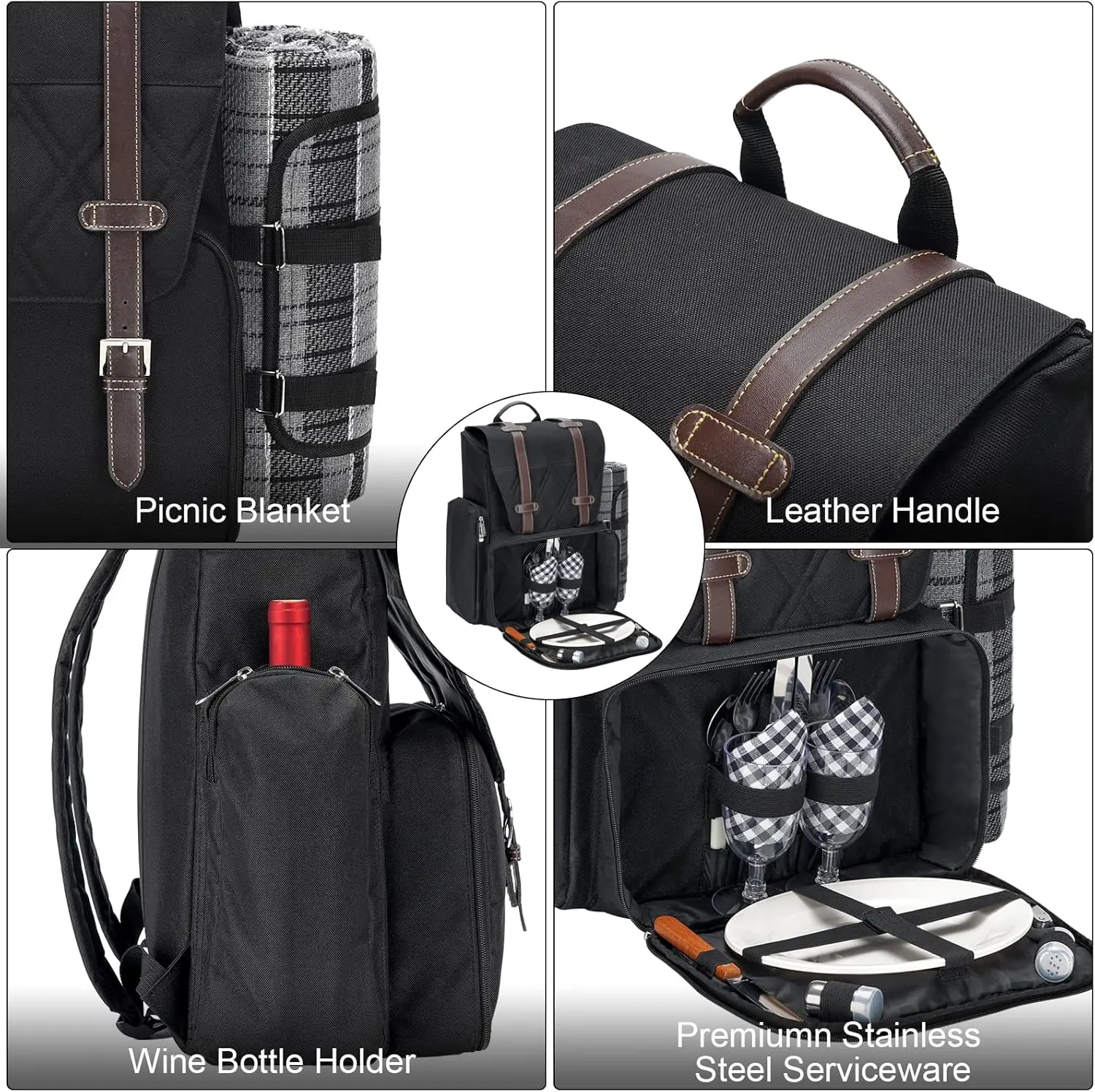 Picnic Backpack for 4 Person with Large Insulated Cooler Bag, Picnic Basket Set with Wine Pouch, Waterproof Picnic Blanket