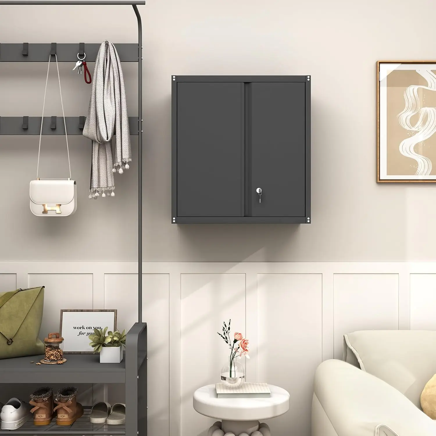Metal Wall Cabinet, Wall Mounted Storage Cabinet with Lock for Garage Storage, Floating Cabinet with Doors and Adjustable Shelf