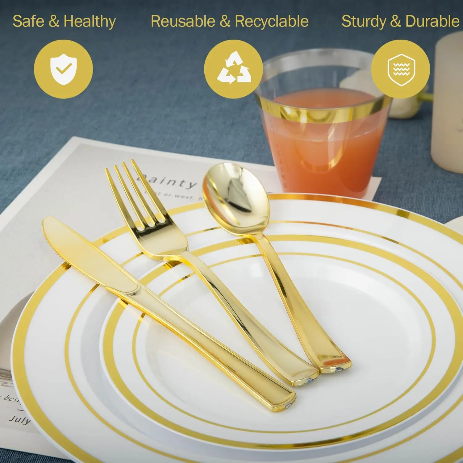 600PCS Gold Disposable Plates, Heavy Duty Plastic Dinnerware Set for 100 Guests Includes 100 Dinner & Dessert Plates