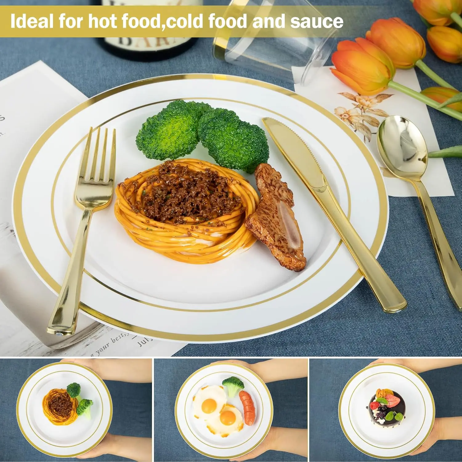 600PCS Gold Disposable Plates, Heavy Duty Plastic Dinnerware Set for 100 Guests Includes 100 Dinner & Dessert Plates