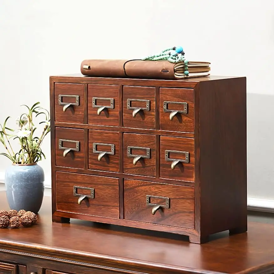 Traditional Card Catalog Solid Wood Small Chinese Medicine Small Curio Cabinet l Vintage Retro Look Tea Storage Organizer