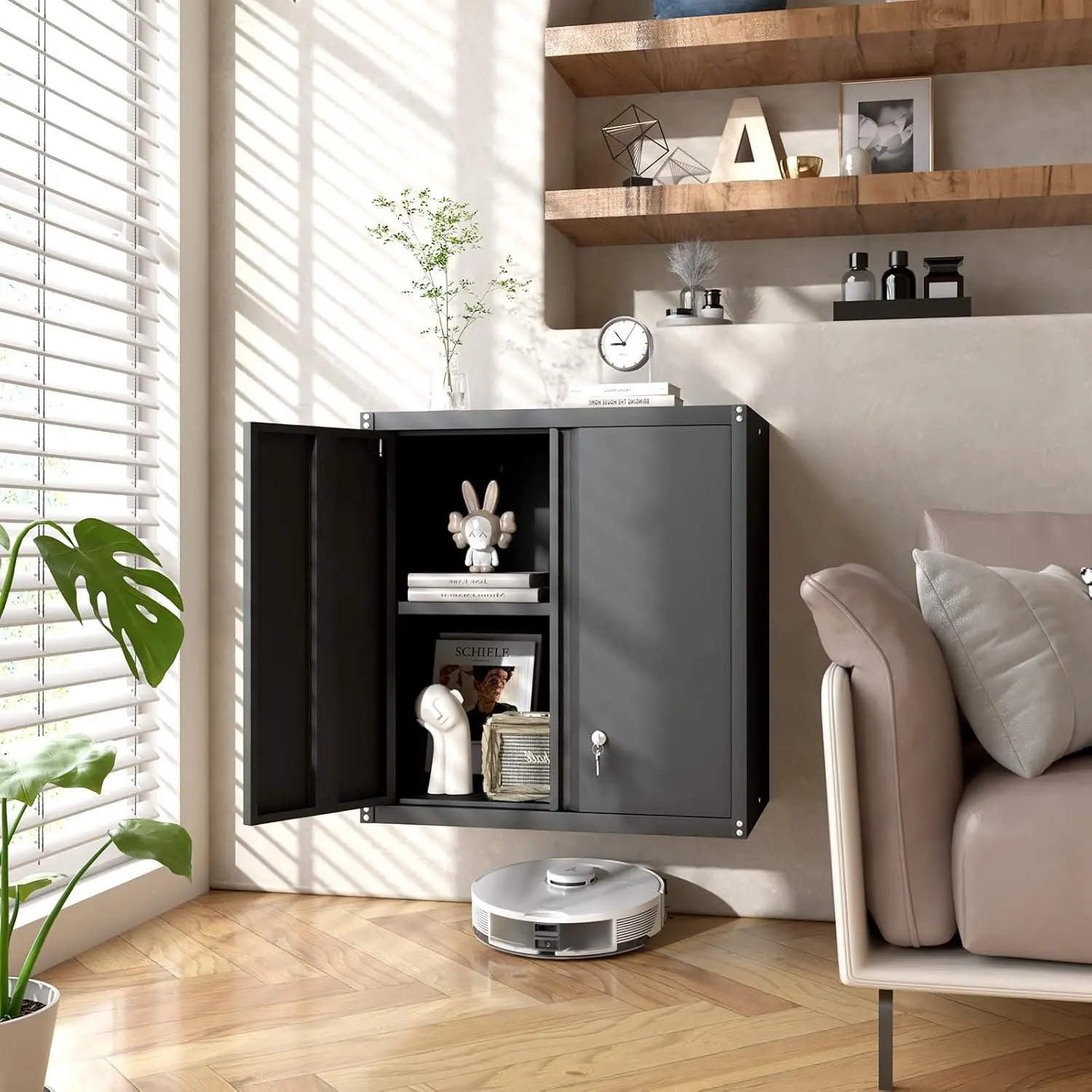 Metal Wall Cabinet, Wall Mounted Storage Cabinet with Lock for Garage Storage, Floating Cabinet with Doors and Adjustable Shelf