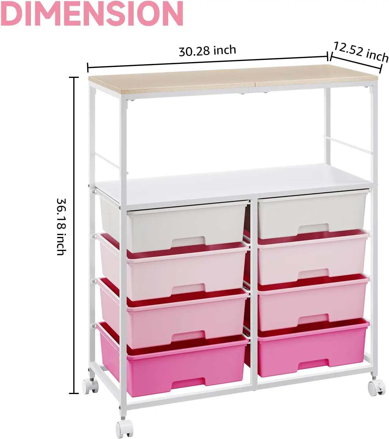 8 Drawers Rolling Storage Cart with Wooden Top, Multipurpose Utility Cart with Opening Shelf & Lockable Wheels