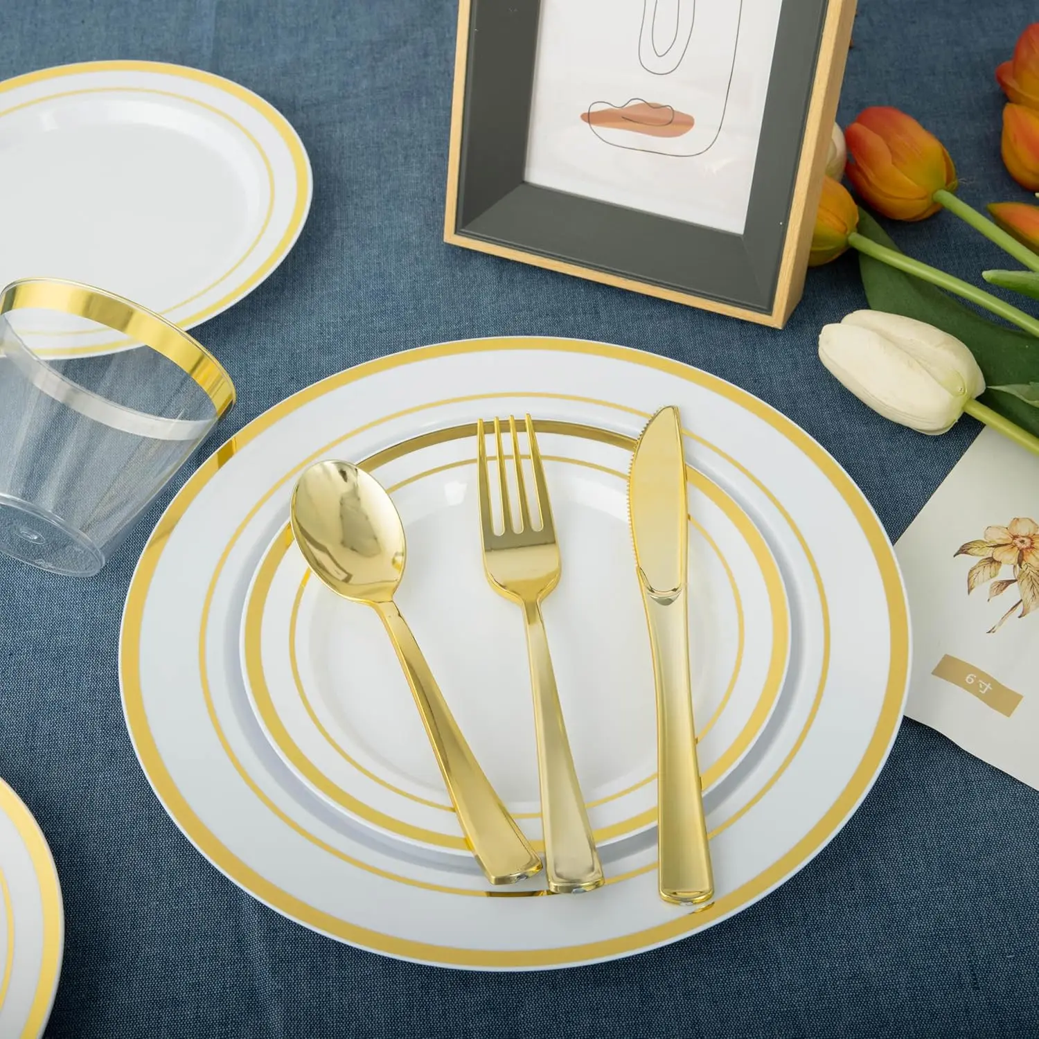 600PCS Gold Disposable Plates, Heavy Duty Plastic Dinnerware Set for 100 Guests Includes 100 Dinner & Dessert Plates