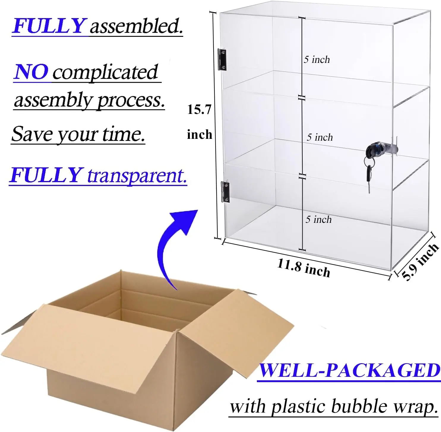 Acrylic Display Case with Lock, Countertop Locking Display Cabinet with Shelves and Door, Clear Acrylic Storage Cabinet