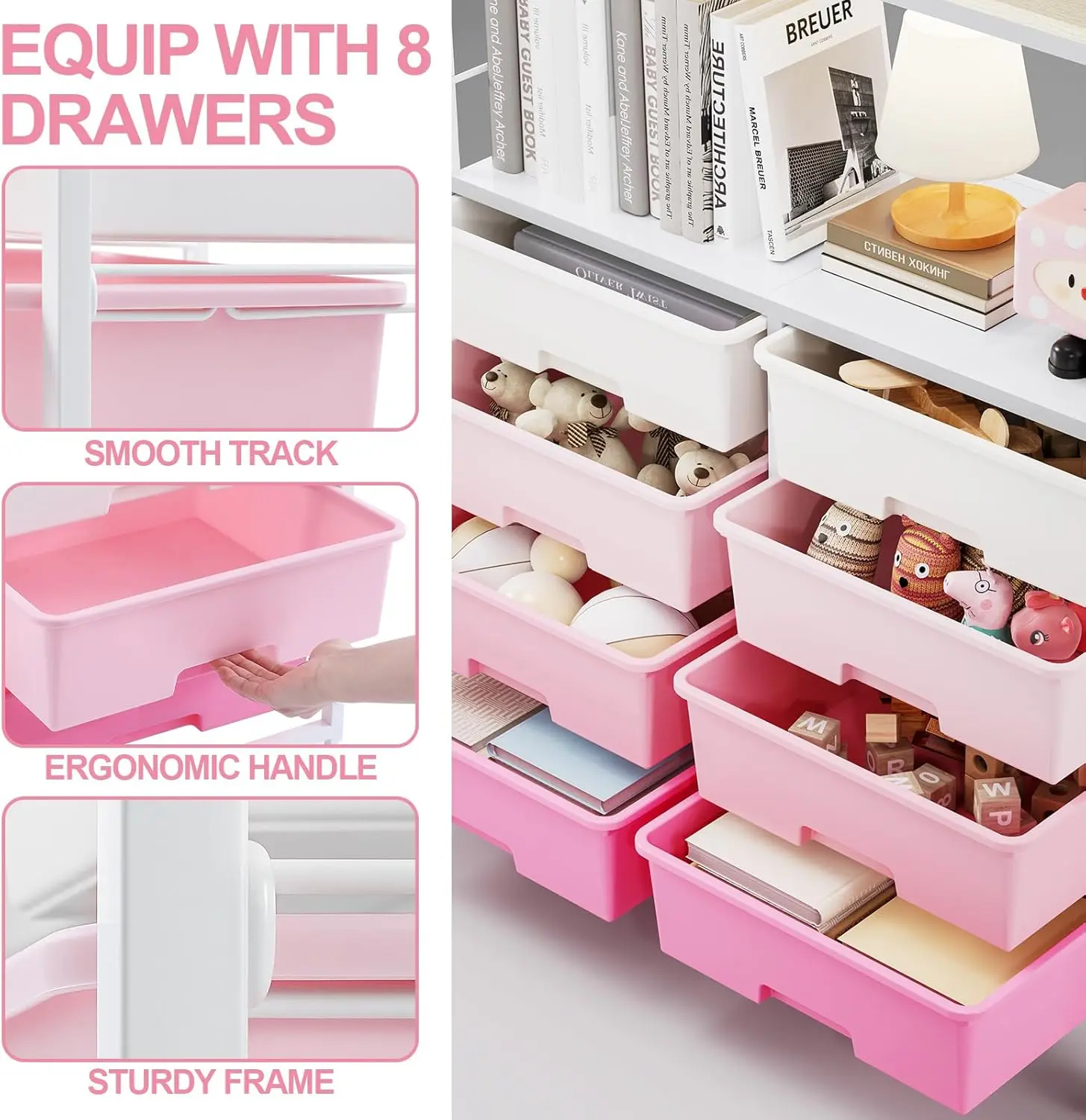 8 Drawers Rolling Storage Cart with Wooden Top, Multipurpose Utility Cart with Opening Shelf & Lockable Wheels