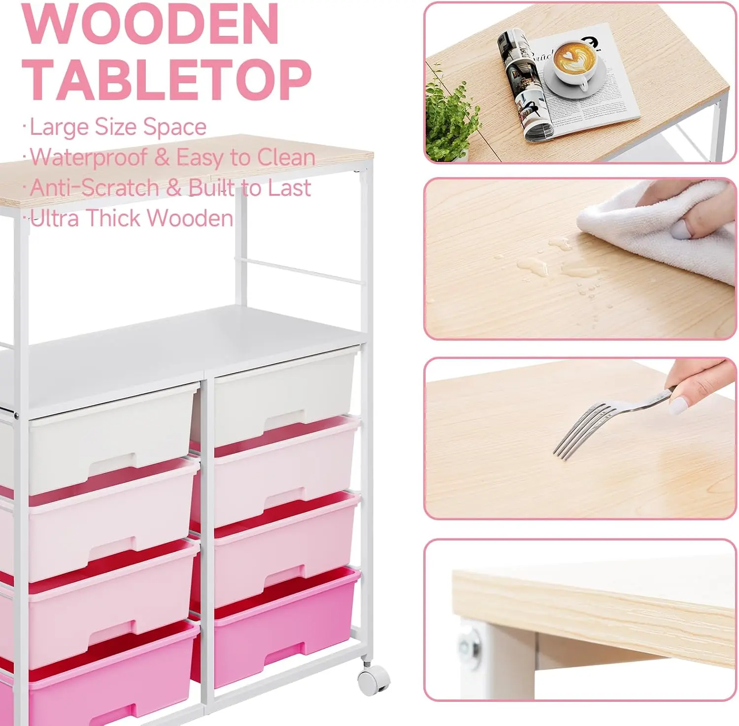 8 Drawers Rolling Storage Cart with Wooden Top, Multipurpose Utility Cart with Opening Shelf & Lockable Wheels