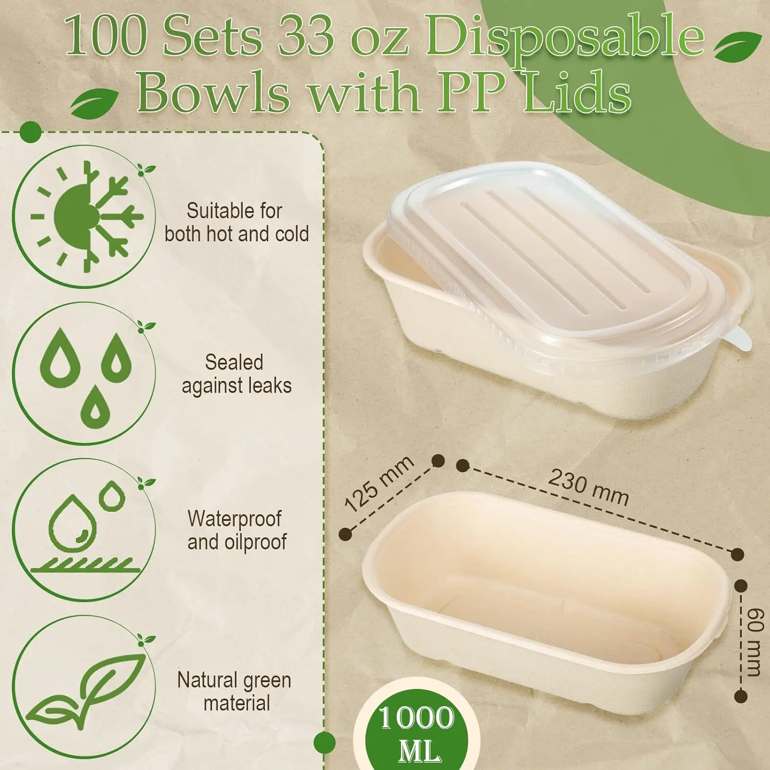 100 Sets Disposable Food Containers&PP Lids Disposable Paper Bowls Salad Soup Lunch Serving Containers Food Prep Paper Bowls