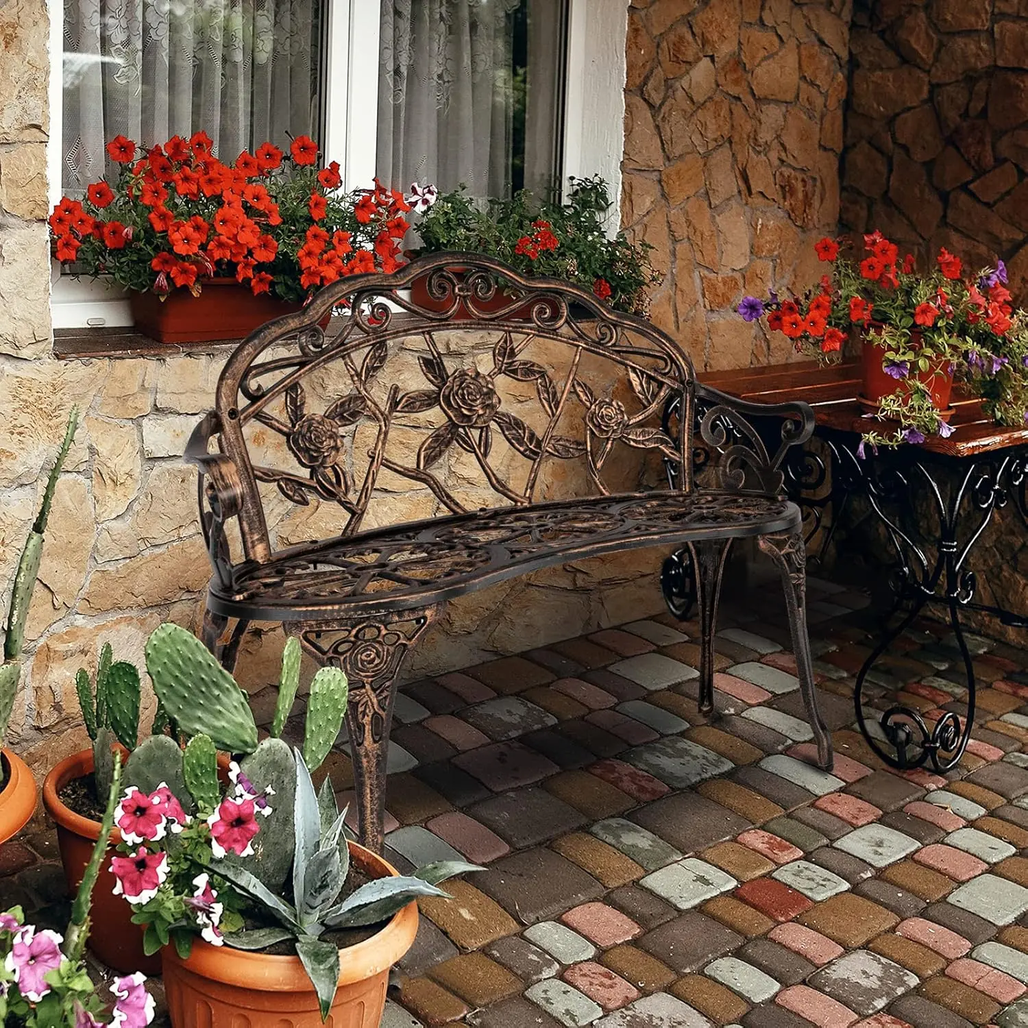38.5" Patio Park Garden Outdoor Metal Rose Bench,Cast Iron Cast Aluminium Frame Antique Finish Chair,Accented Lawn Front