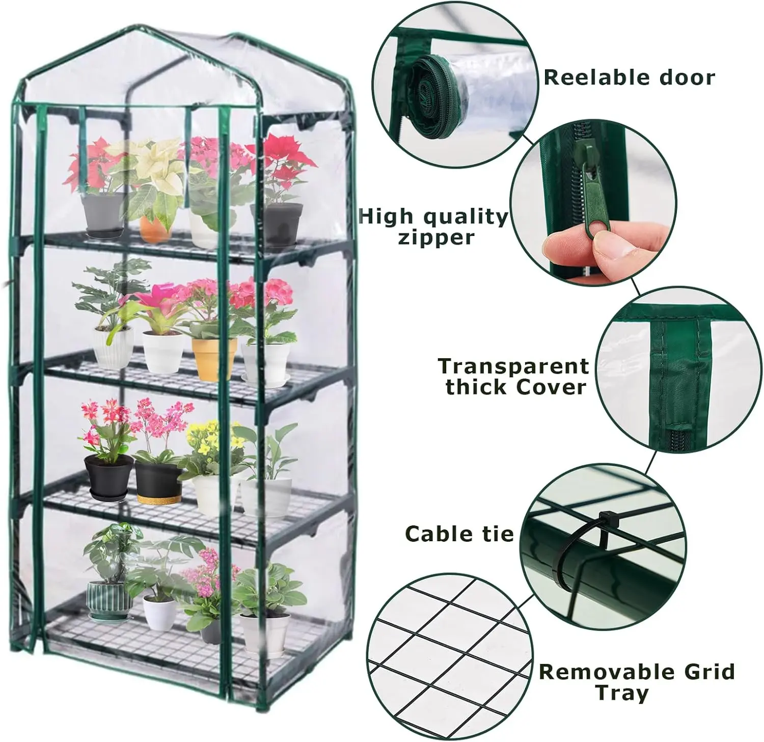 Mini Greenhouse for Indoor Outdoor, Plant Green House 4-Tier Rack Stand Portable Greenhouses with Durable PVC Cover
