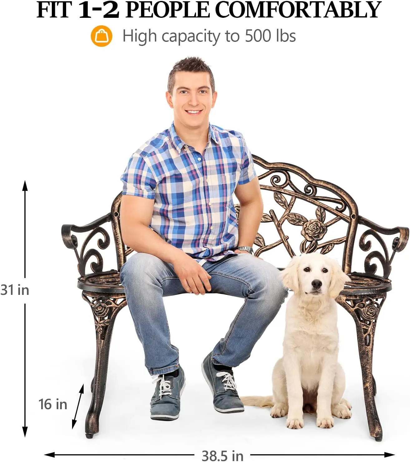 38.5" Patio Park Garden Outdoor Metal Rose Bench,Cast Iron Cast Aluminium Frame Antique Finish Chair,Accented Lawn Front