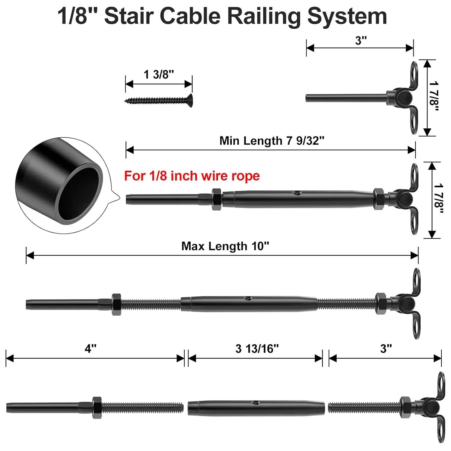 10 Pair 1/8" Black Cable Railing Kit Swage Toggle Turnbuckle Hardware, Adjustable Angle T316 Stainless Steel Cable Railing Kits