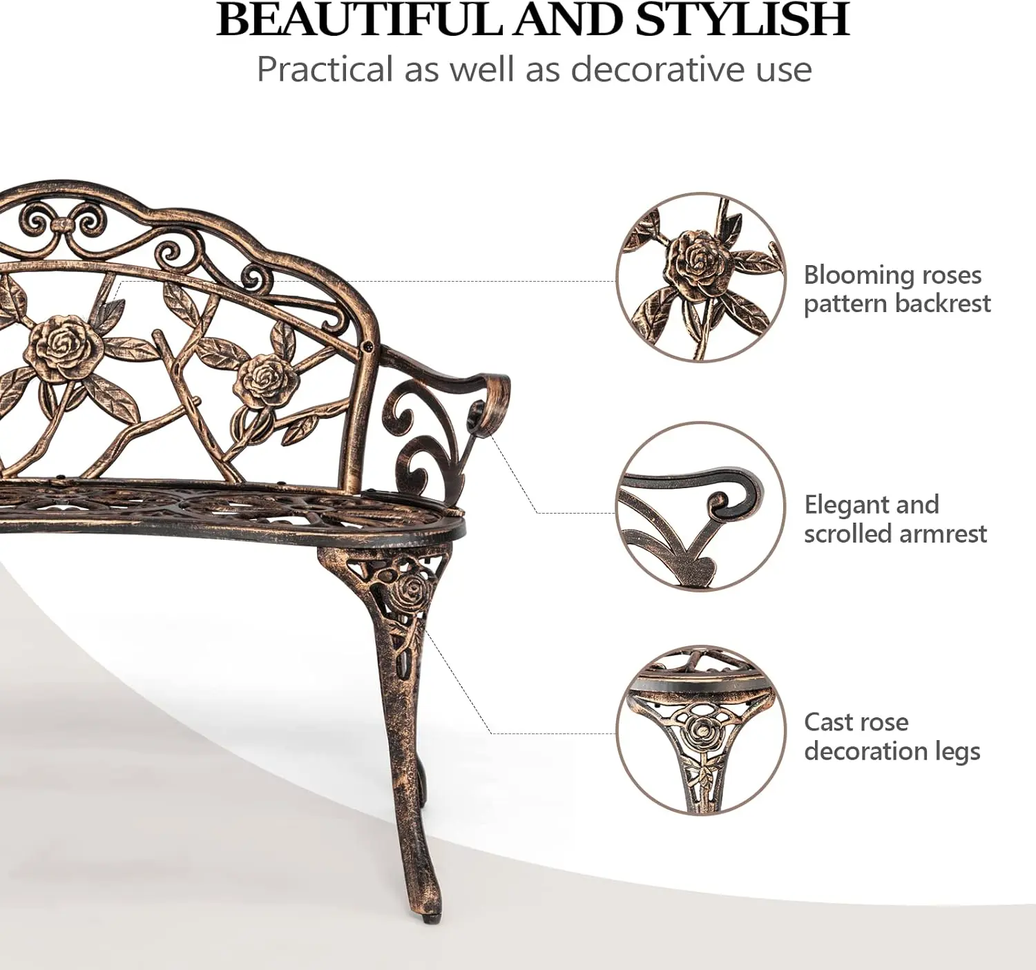 38.5" Patio Park Garden Outdoor Metal Rose Bench,Cast Iron Cast Aluminium Frame Antique Finish Chair,Accented Lawn Front