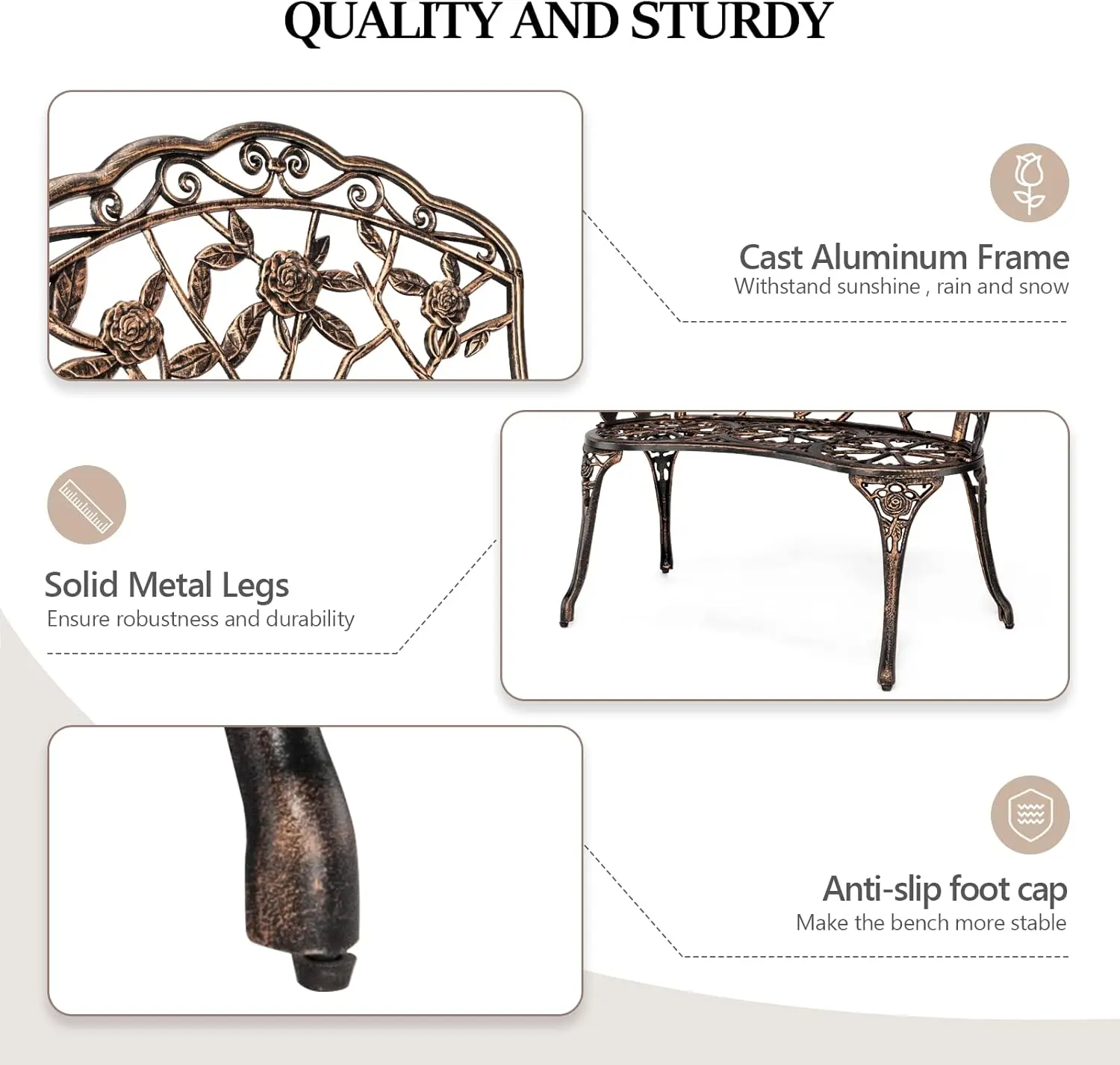 38.5" Patio Park Garden Outdoor Metal Rose Bench,Cast Iron Cast Aluminium Frame Antique Finish Chair,Accented Lawn Front