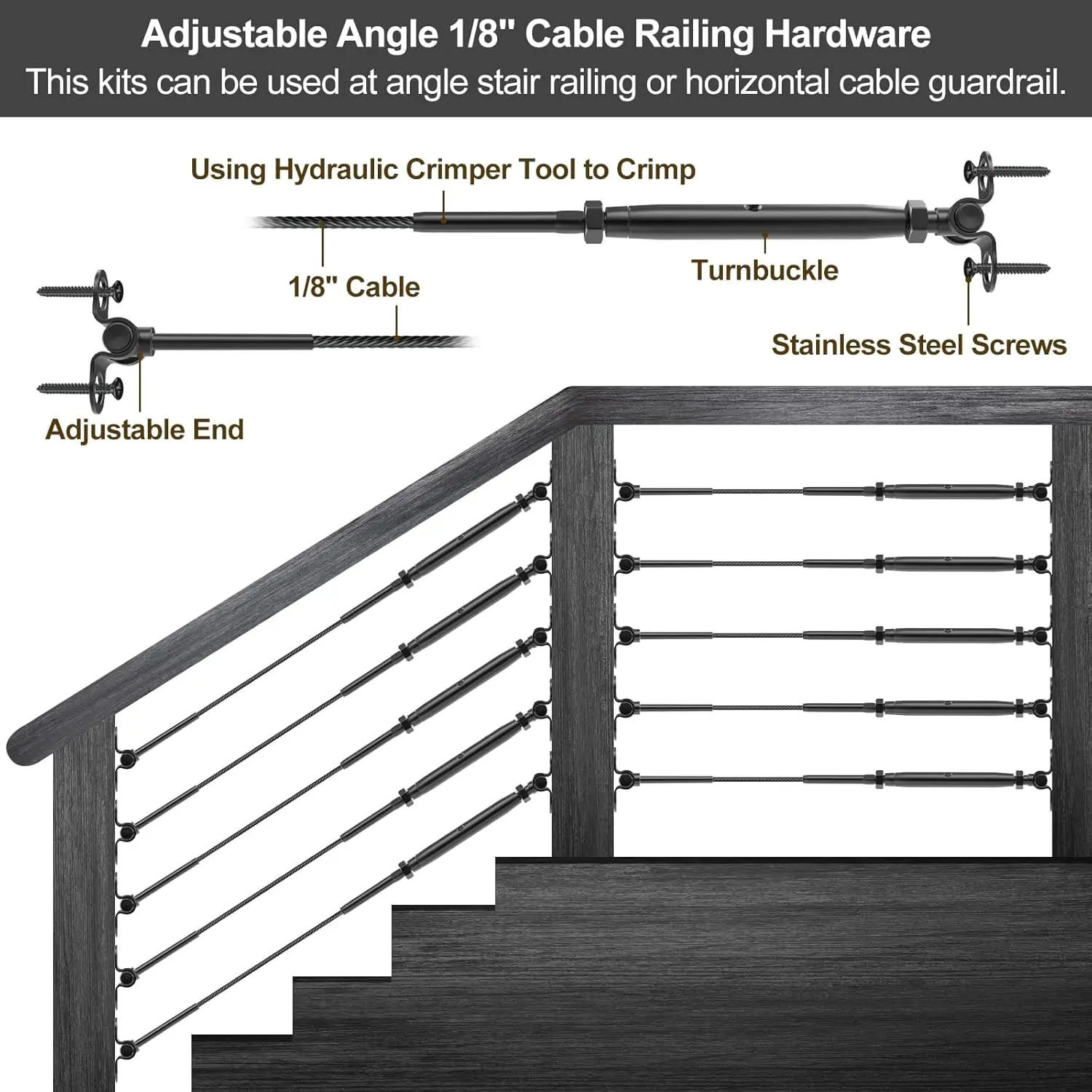 10 Pair 1/8" Black Cable Railing Kit Swage Toggle Turnbuckle Hardware, Adjustable Angle T316 Stainless Steel Cable Railing Kits