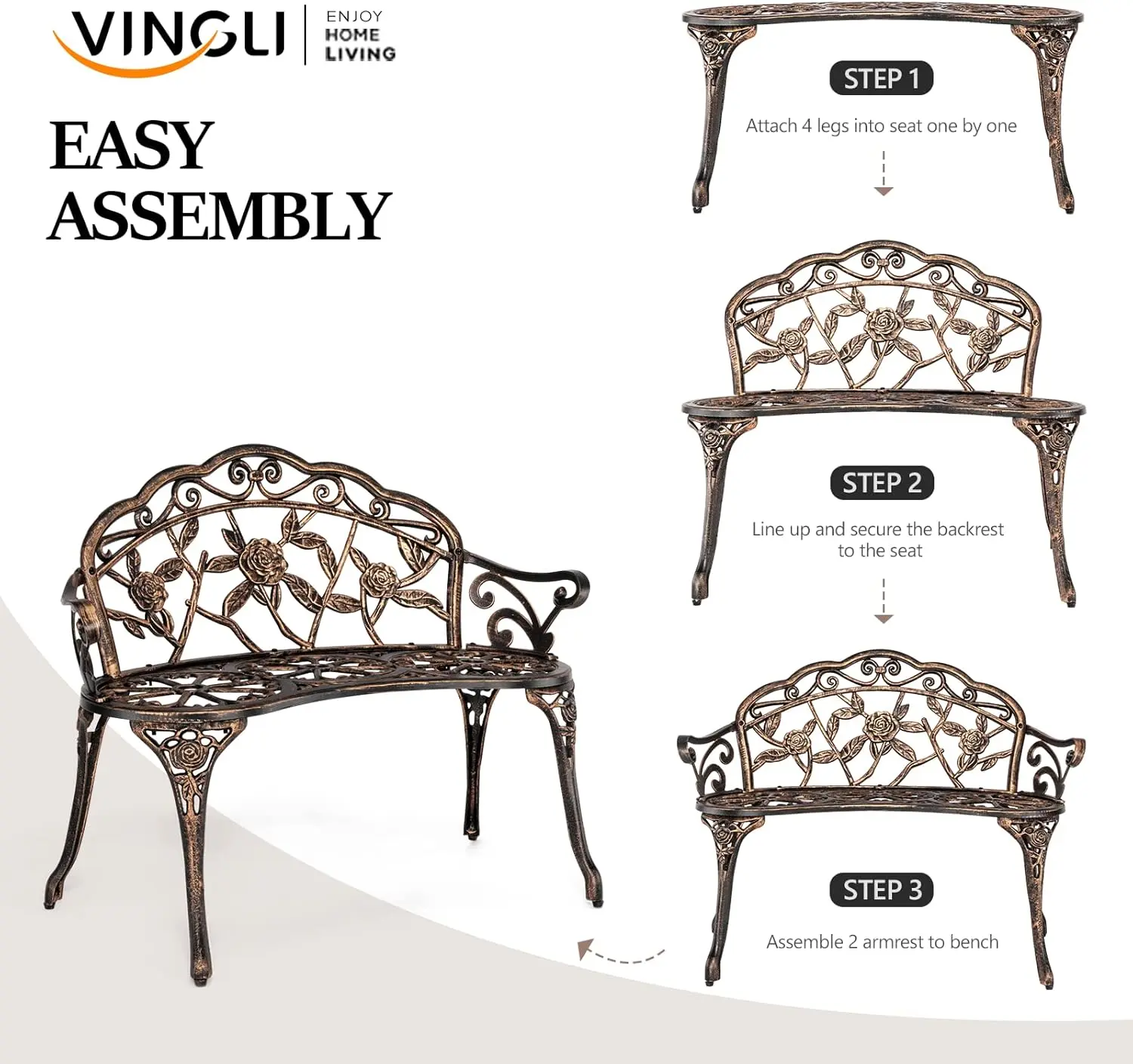 38.5" Patio Park Garden Outdoor Metal Rose Bench,Cast Iron Cast Aluminium Frame Antique Finish Chair,Accented Lawn Front