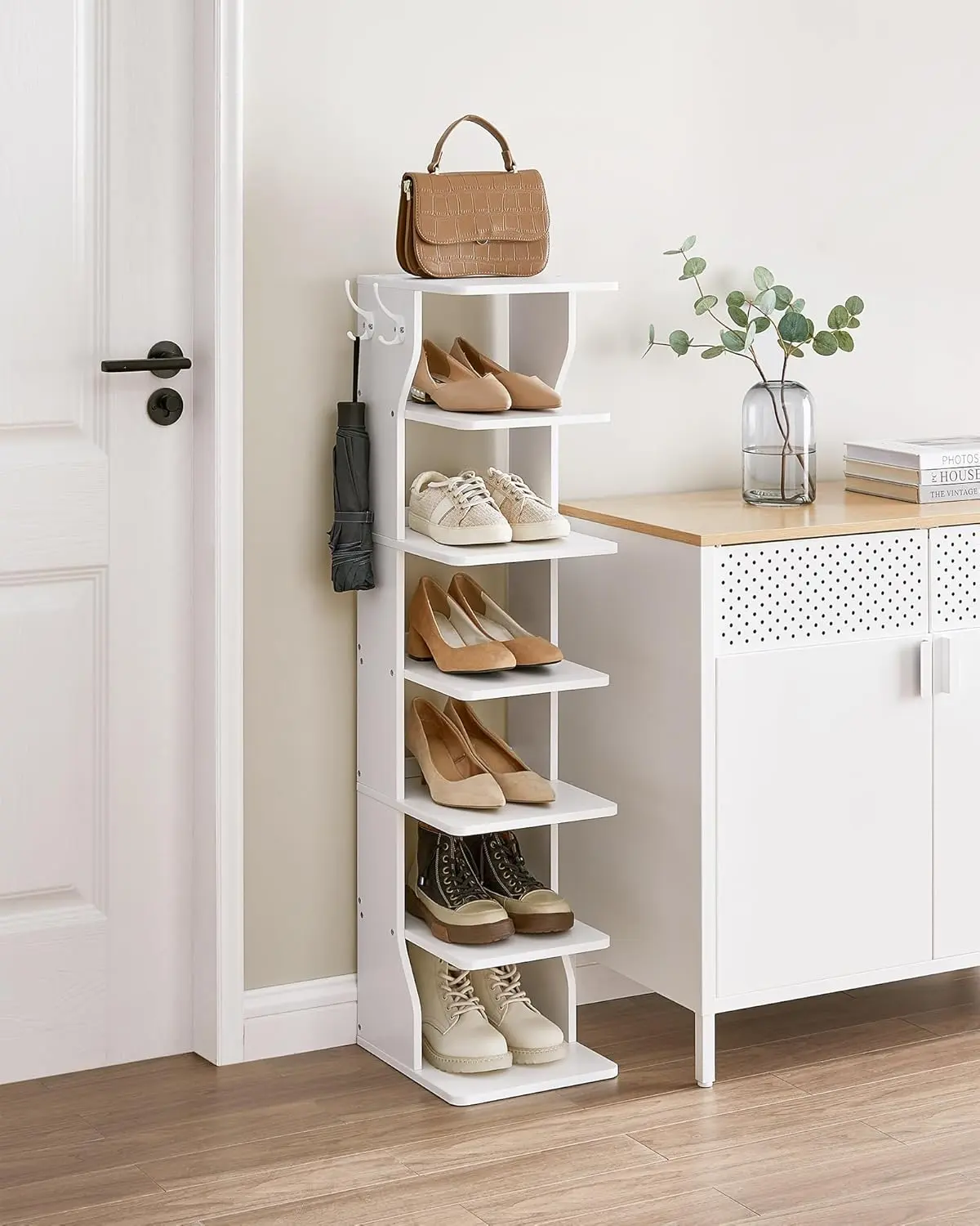 7-Tier Vertical Shoe Rack, Narrow Shoe Storage Organizer with Hooks, Slim Corner Shoe Tower Rack, Space Saving