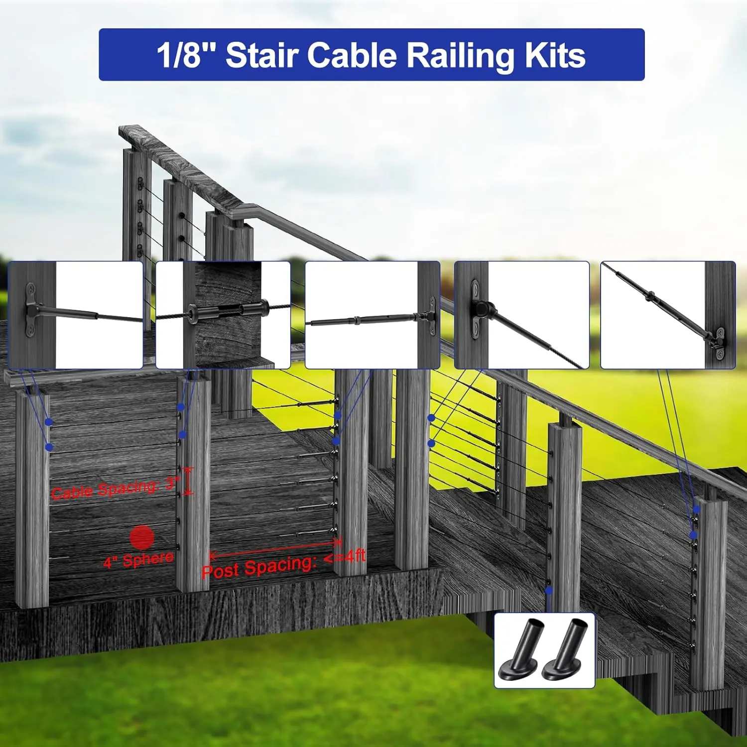 10 Pair 1/8" Black Cable Railing Kit Swage Toggle Turnbuckle Hardware, Adjustable Angle T316 Stainless Steel Cable Railing Kits