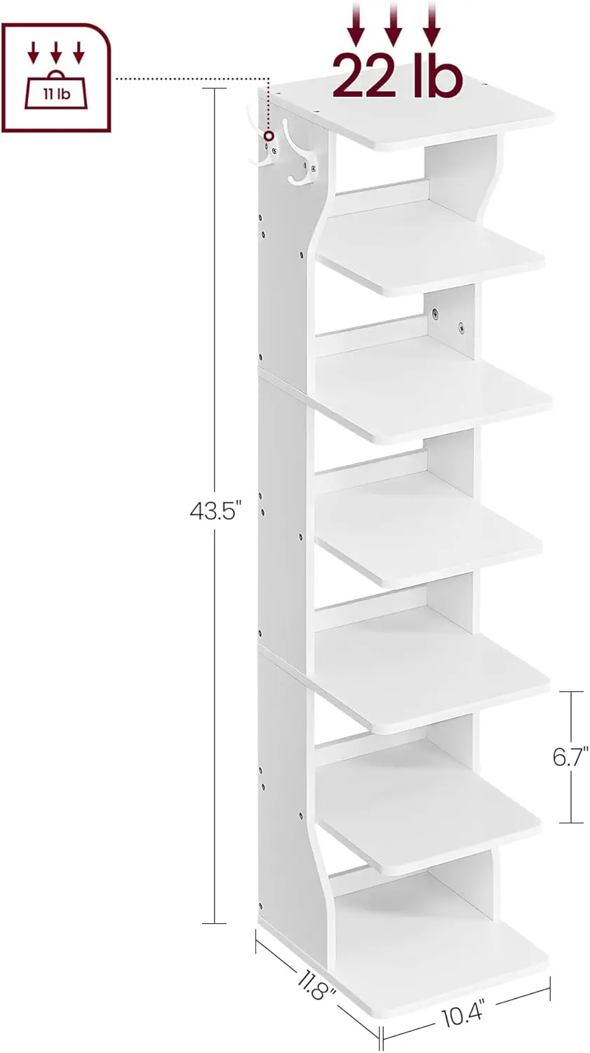 7-Tier Vertical Shoe Rack, Narrow Shoe Storage Organizer with Hooks, Slim Corner Shoe Tower Rack, Space Saving