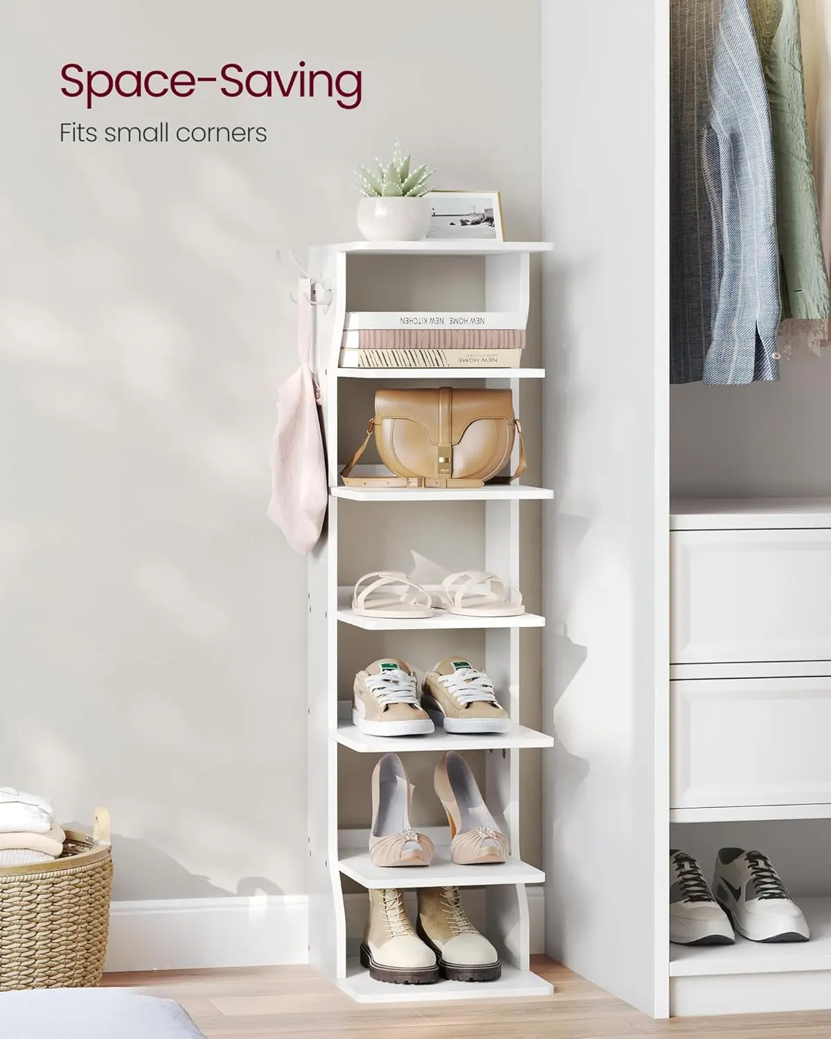 7-Tier Vertical Shoe Rack, Narrow Shoe Storage Organizer with Hooks, Slim Corner Shoe Tower Rack, Space Saving