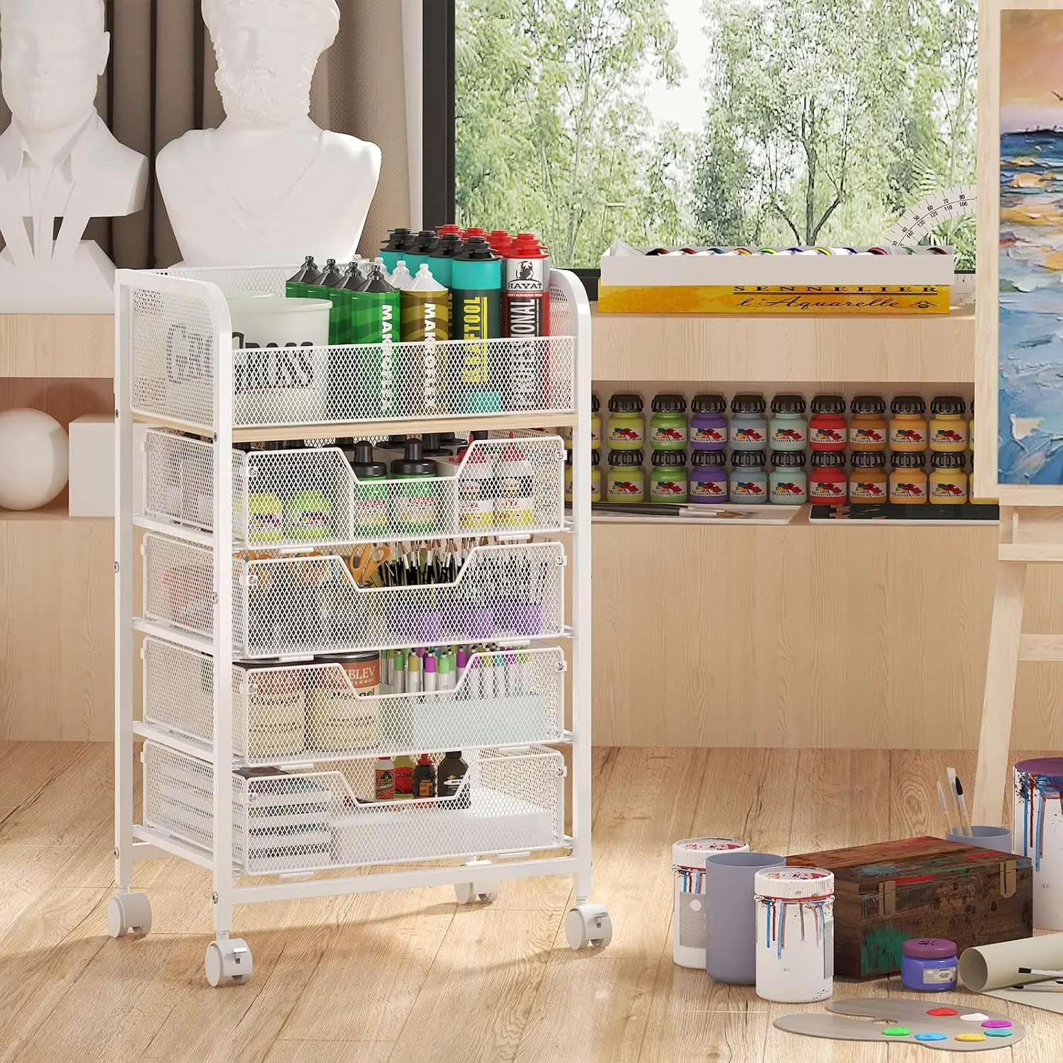 5-Tier Craft Organizer Cart with Wheels,Storage Cart with Drawers,Lockable Wheels Rolling Utility Cart,Makeup Cart
