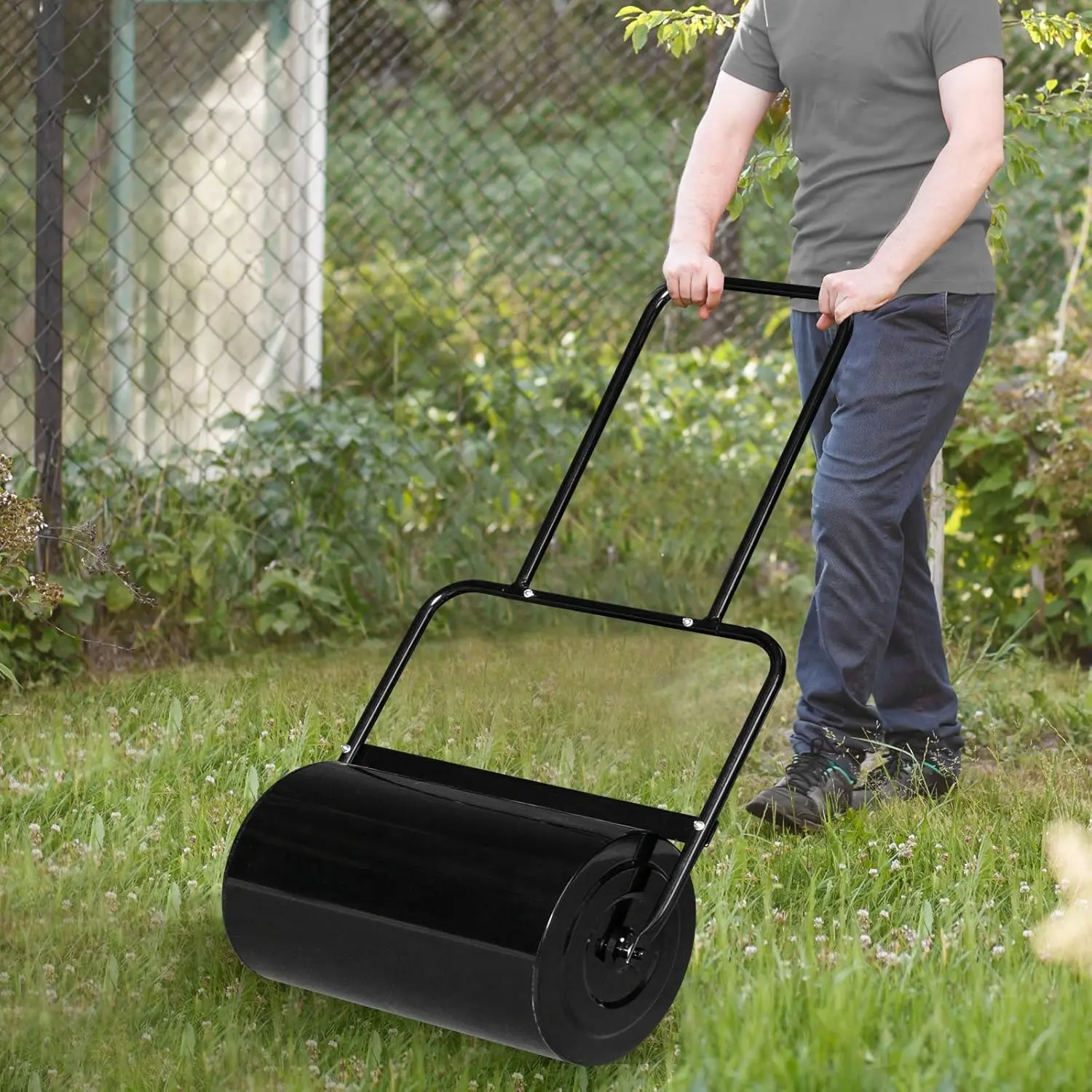 Lawn Roller Water Filled Pull Behind 20inch Garden Drum Roller Push/Tow Behind, Water/Sand Filled Roller for Garden, Lawn