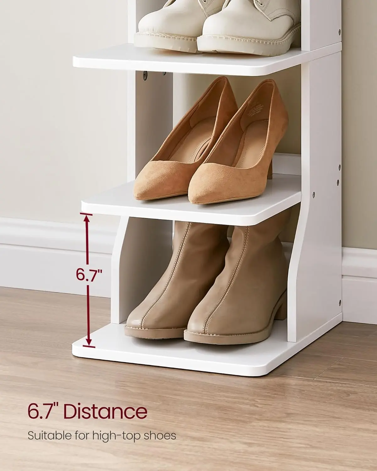 7-Tier Vertical Shoe Rack, Narrow Shoe Storage Organizer with Hooks, Slim Corner Shoe Tower Rack, Space Saving