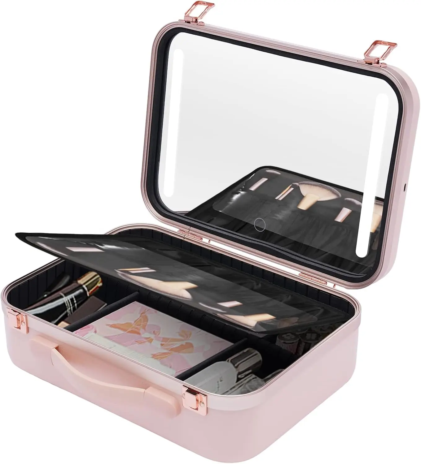 13.4 Inch Travel Makeup Case with Large Lighted Mirror Partitionable Cosmetic Bag Waterproof Portable Cosmetic Organizer (Pink)