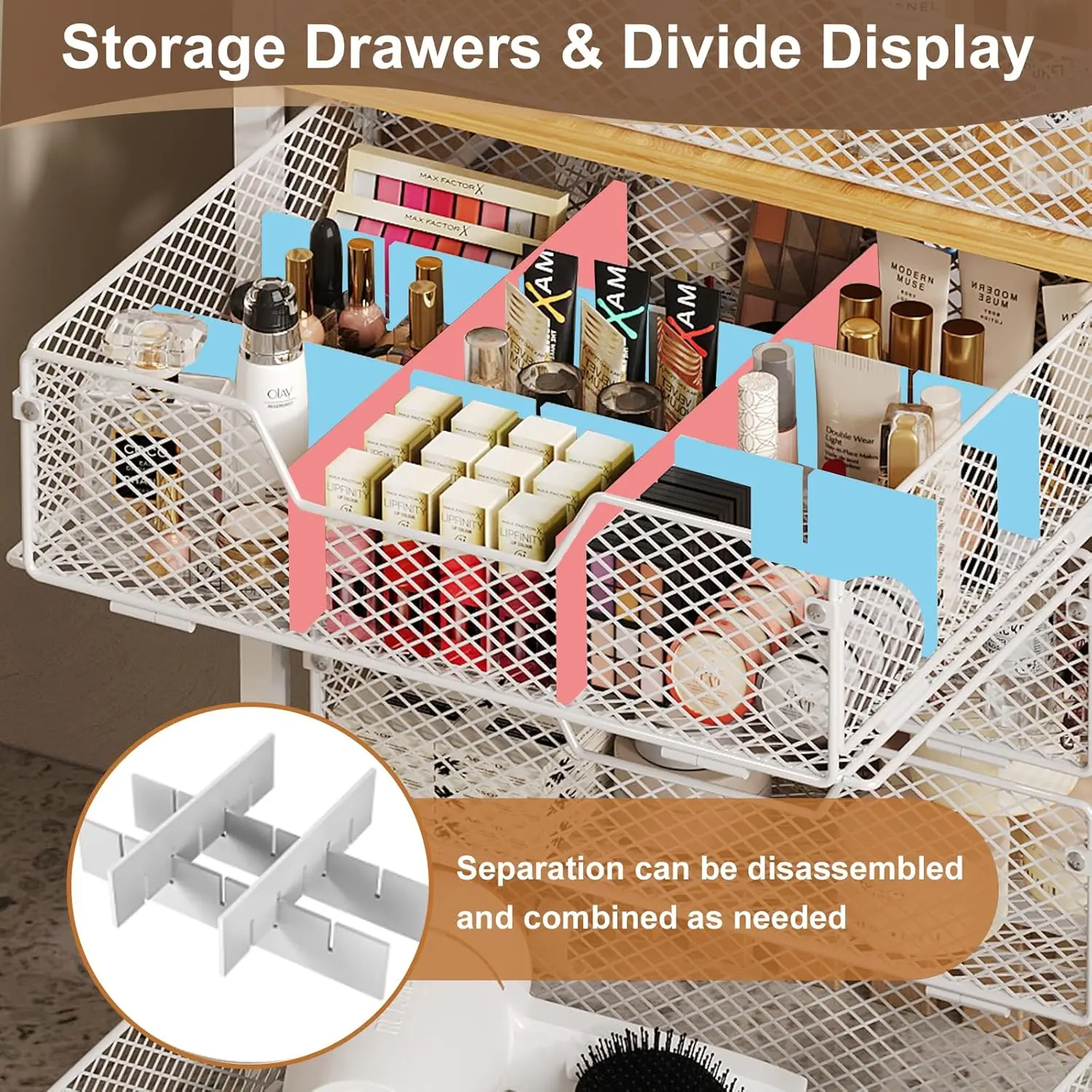 5-Tier Craft Organizer Cart with Wheels,Storage Cart with Drawers,Lockable Wheels Rolling Utility Cart,Makeup Cart