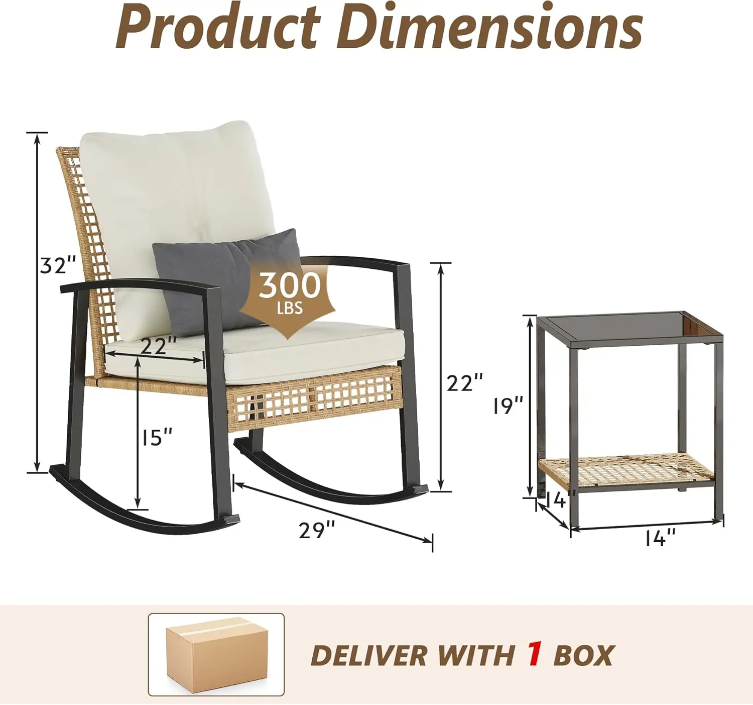 3 Piece Patio Rocking Chairs Set of 2, Outdoor Rocking Chair Bistro Set with Tempered Glass Coffee Table and Thick Lumbar Pillow